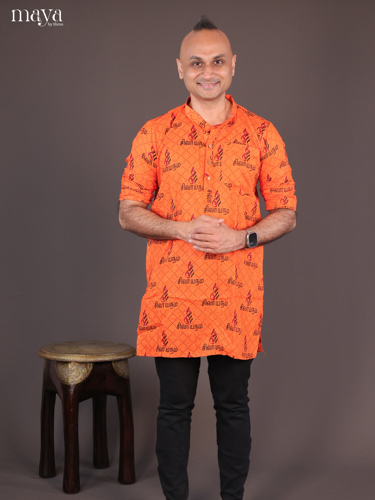 Orange Cotton Divine Printed Short Men Kurta - Shop on Shrus.com