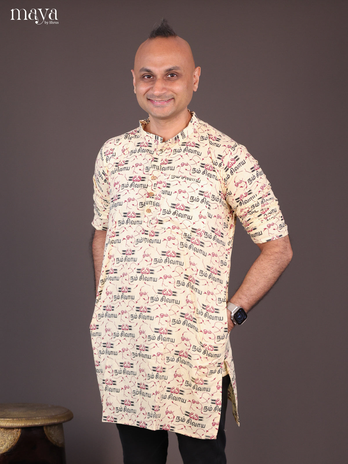 Yellow Cotton Divine Printed Short Men Kurta - Shop on Shrus.com
