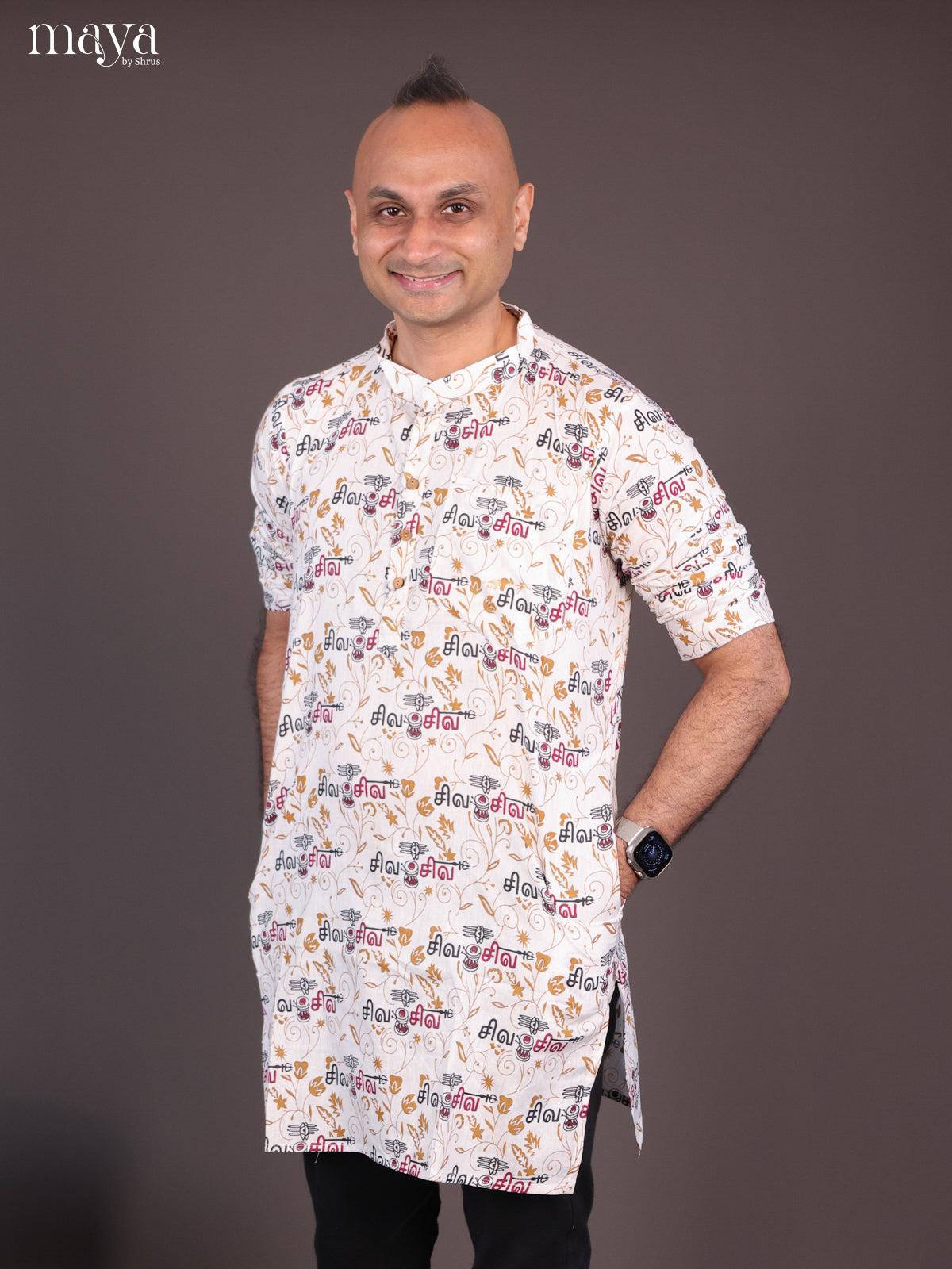 White Cotton Divine printed Short Men Kurta - Shop on Shrus.com
