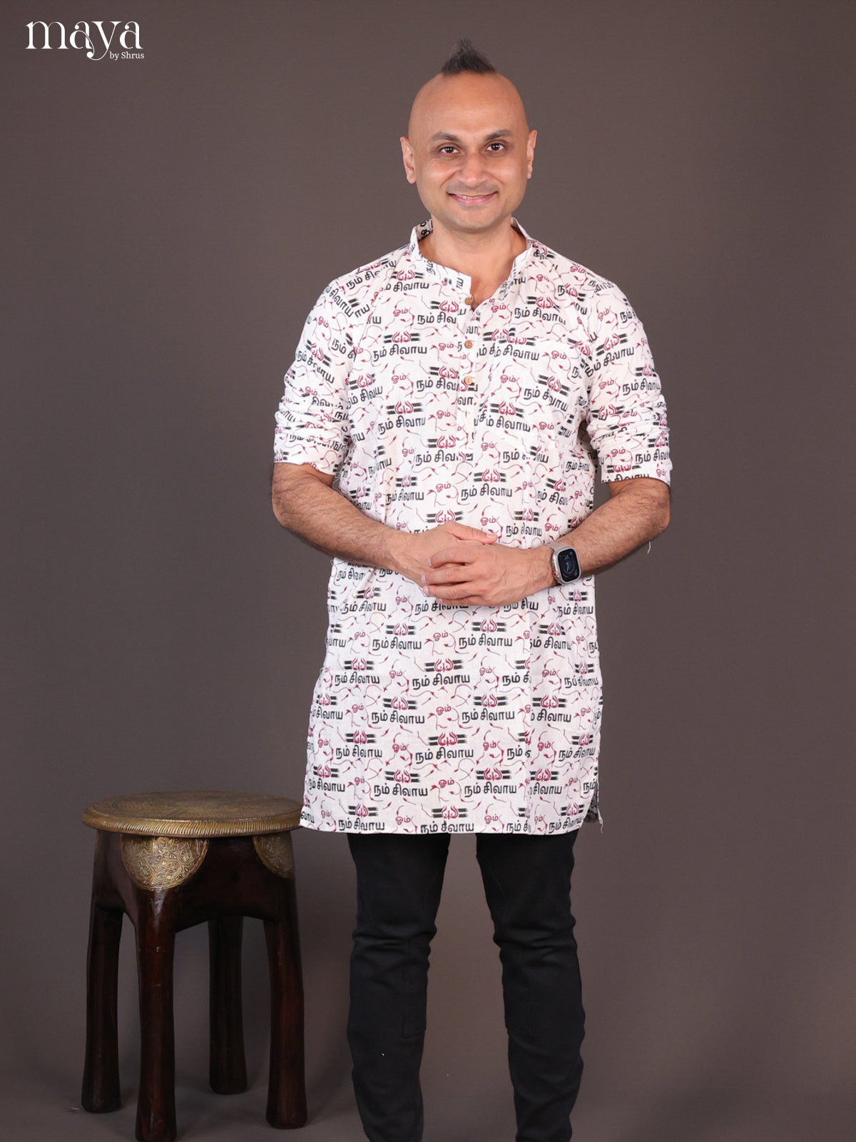 White Cotton Divine printed Short Men Kurta - Shop on Shrus.com