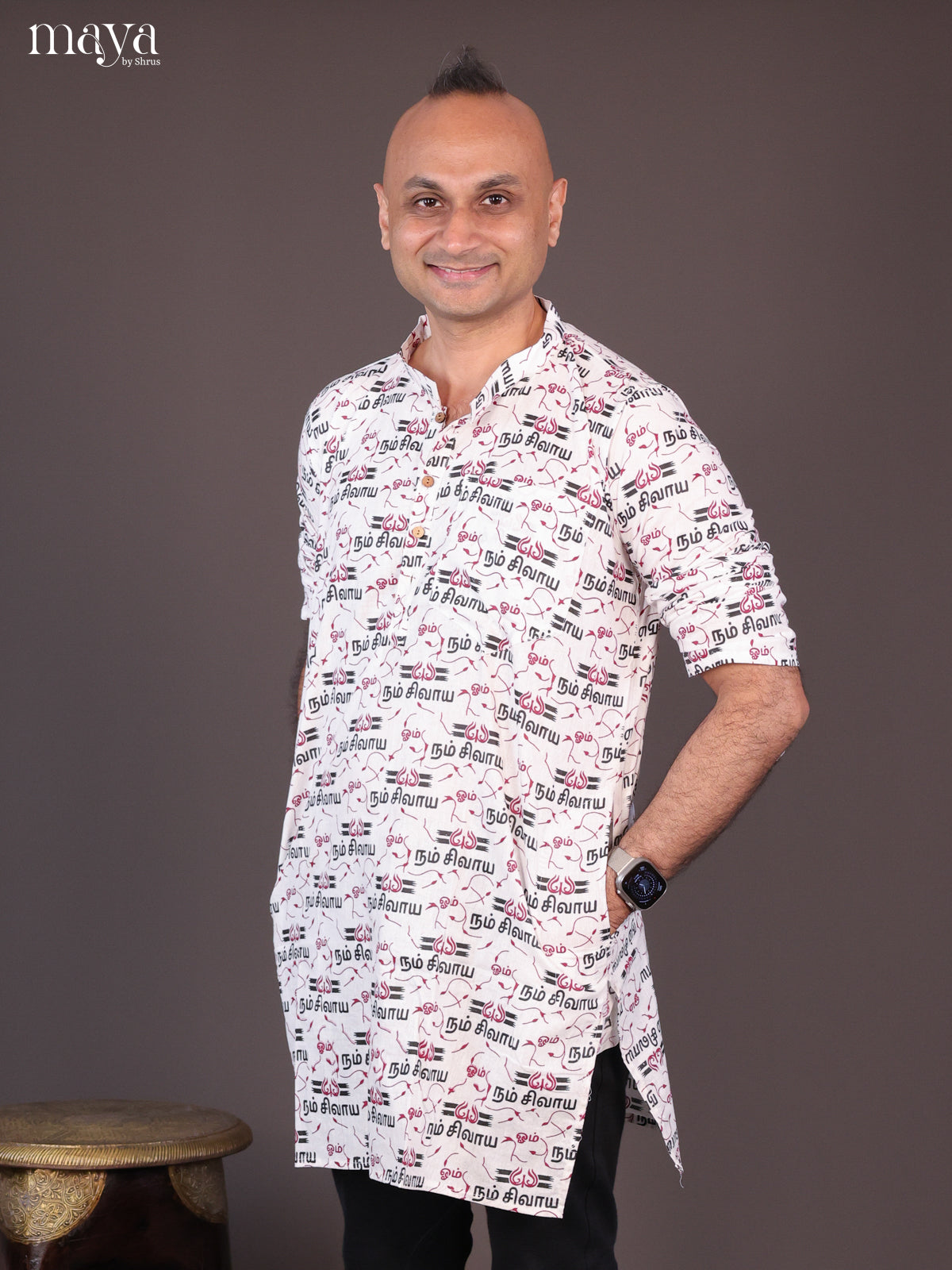White Cotton Divine printed Short Men Kurta - Shop on Shrus.com