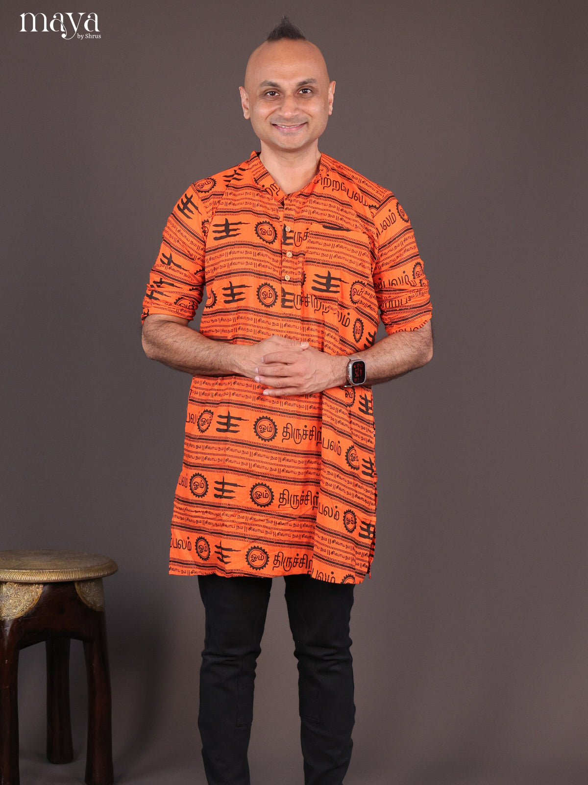 Orange Cotton Divine Printed Short Men Kurta - Shop on Shrus.com