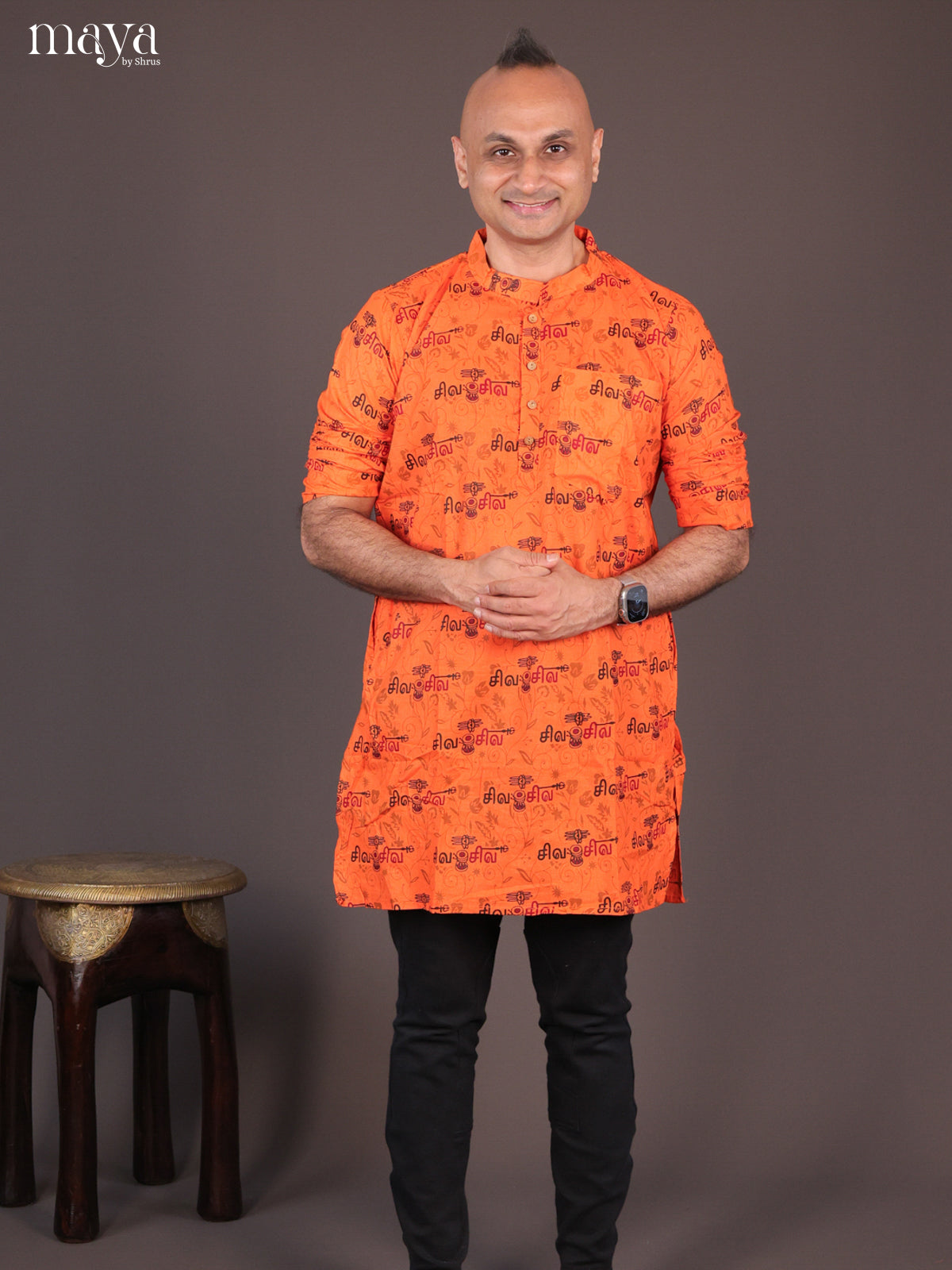 Orange Cotton Divine Printed Short Men Kurta - Shop on Shrus.com