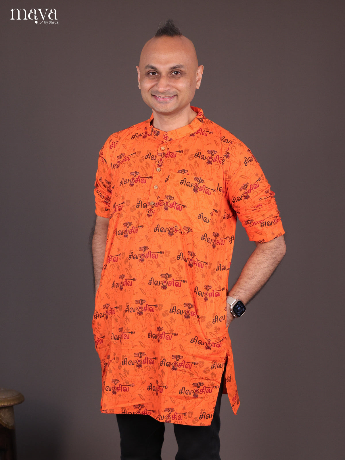 Orange Cotton Divine Printed Short Men Kurta - Shop on Shrus.com