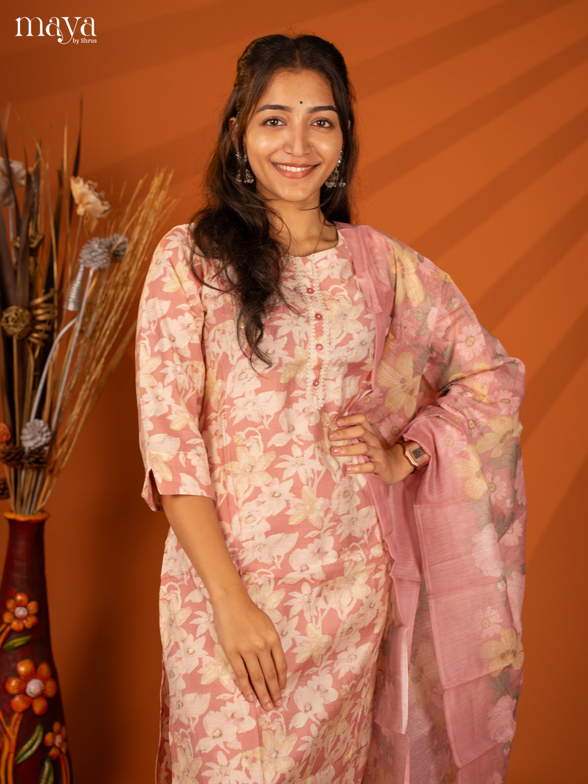 Pink Rayon 3Pc Salwar With Floral Print - Top, Bottom & Dupatta - Shop on Shrus.com