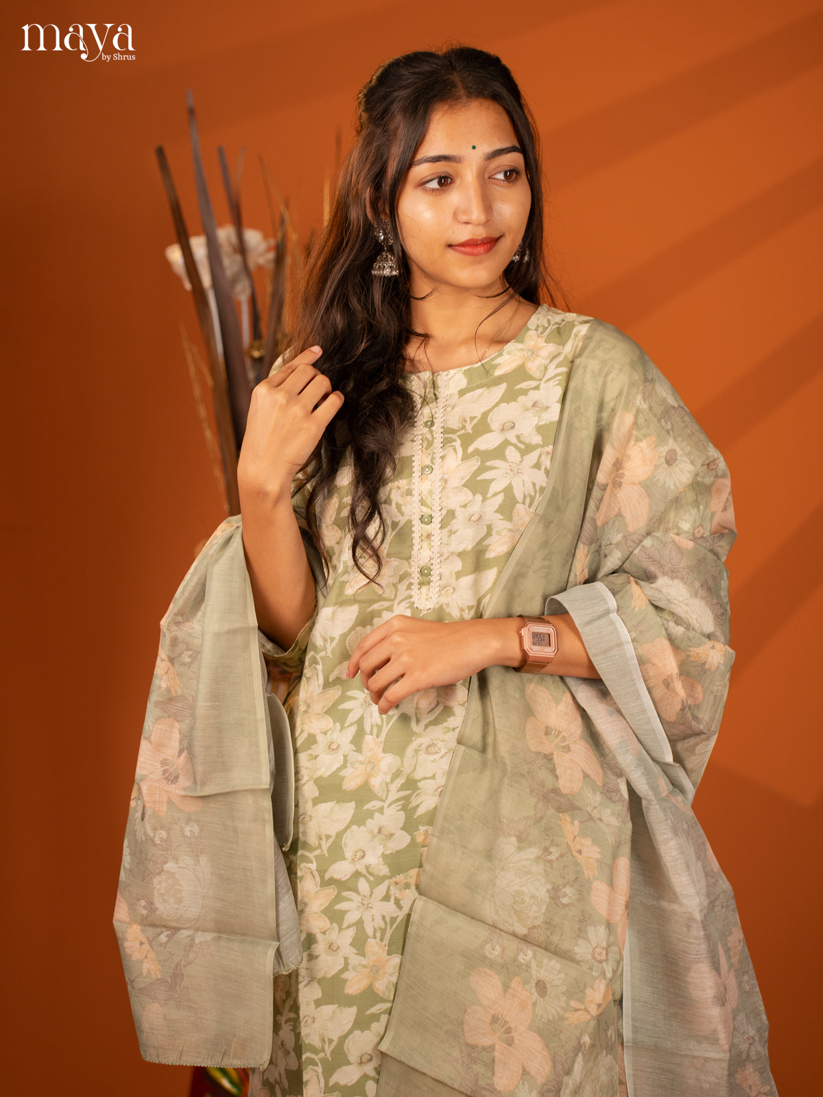 Green Rayon 3Pc Salwar With Floral Print - Top, Bottom & Dupatta - Shop on Shrus.com