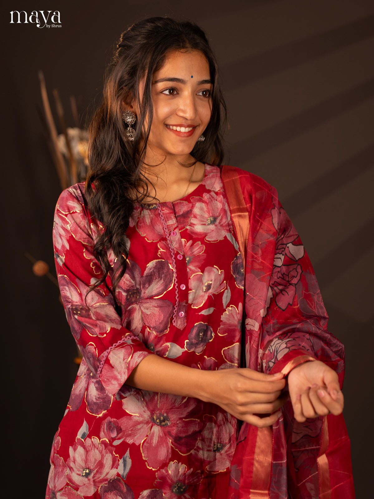Red Rayon 3 Pc Printed Salwar suit -Top, Bottom & Dupatta - Shop on Shrus.com