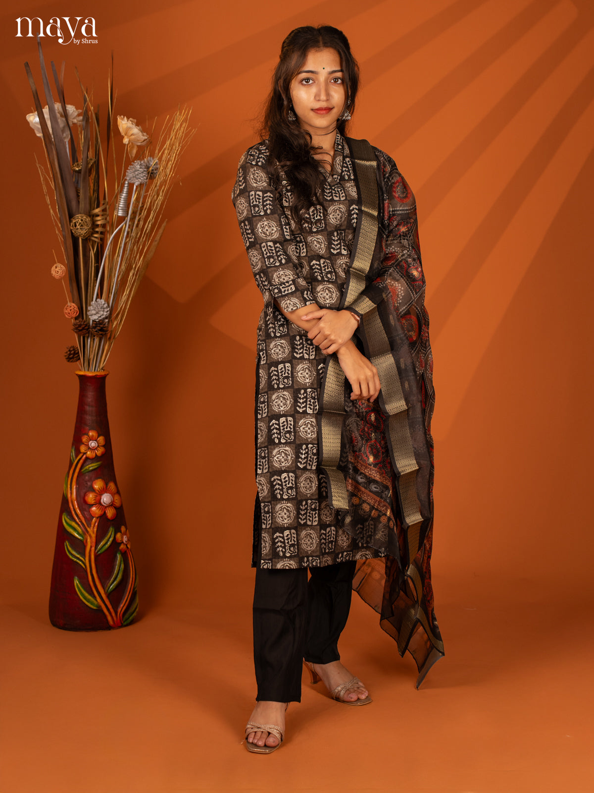 Black Semi Crepe 3 Pc Salwar With Batik Print - Top, Bottom & Dupatta - Shop on Shrus.com