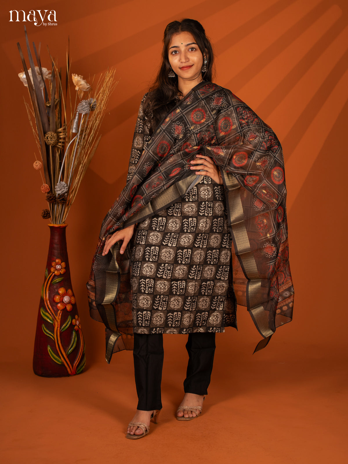 Black Semi Crepe 3 Pc Salwar With Batik Print - Top, Bottom & Dupatta - Shop on Shrus.com