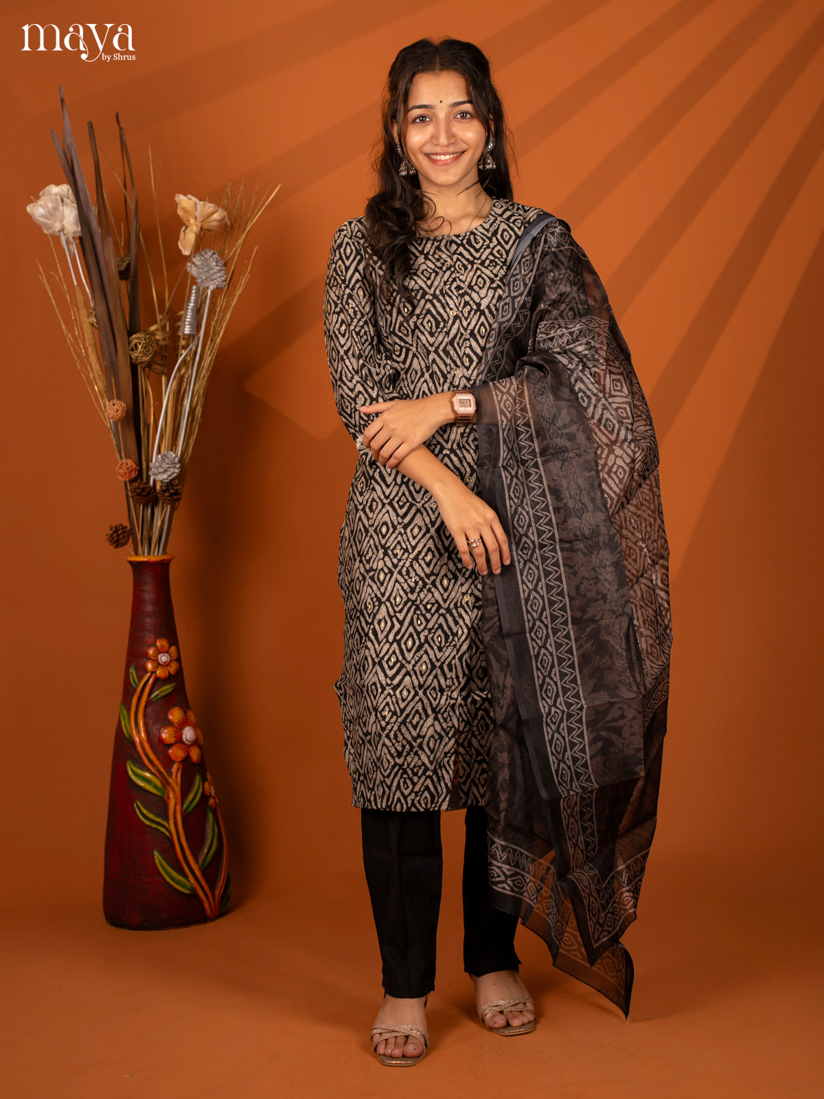 Black Linen Cotton 3 Pc Salwar with Digital Print - Top, Bottom & Dupatta - Shop on Shrus.com