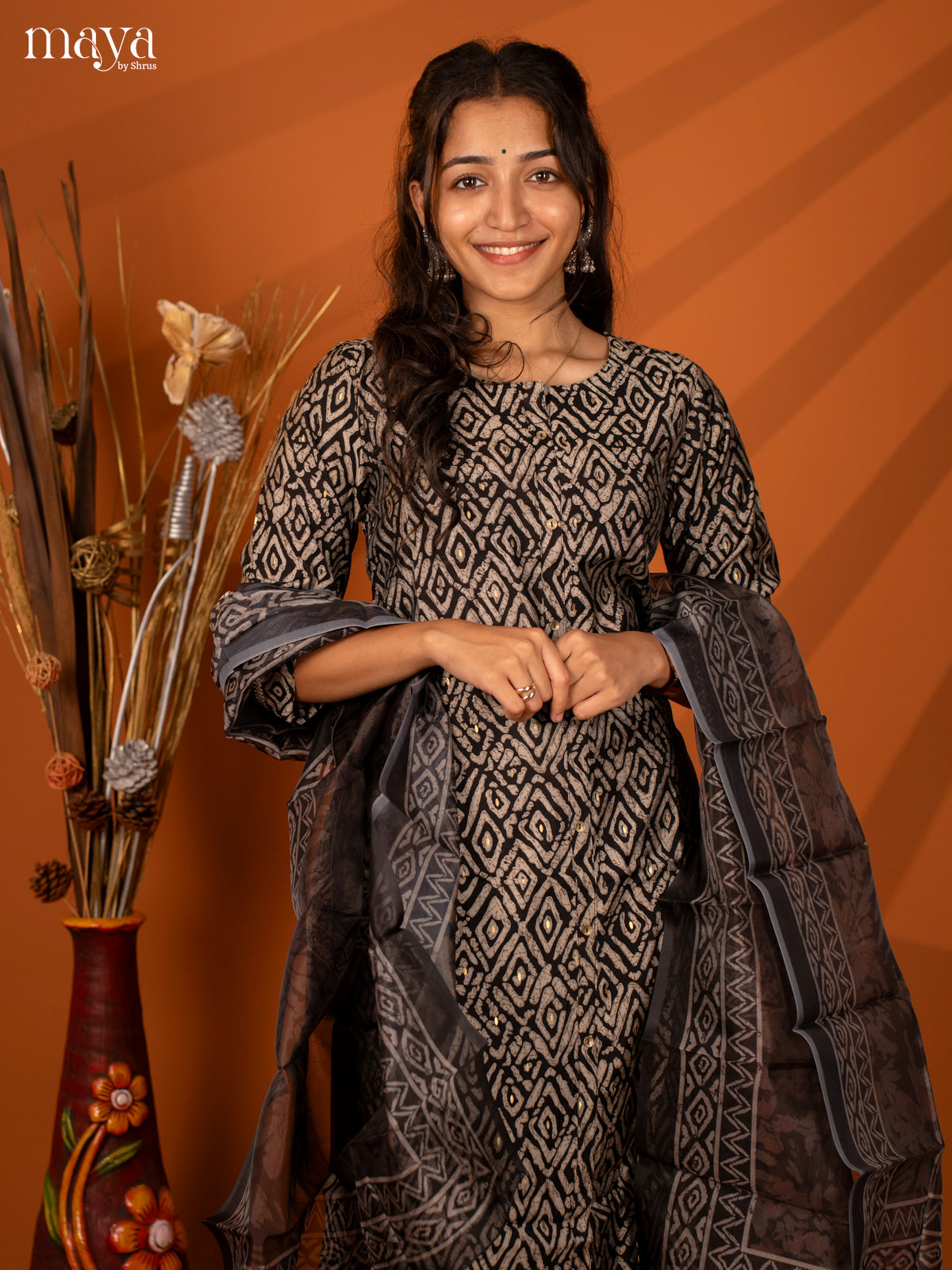 Black Linen Cotton 3 Pc Salwar with Digital Print - Top, Bottom & Dupatta - Shop on Shrus.com
