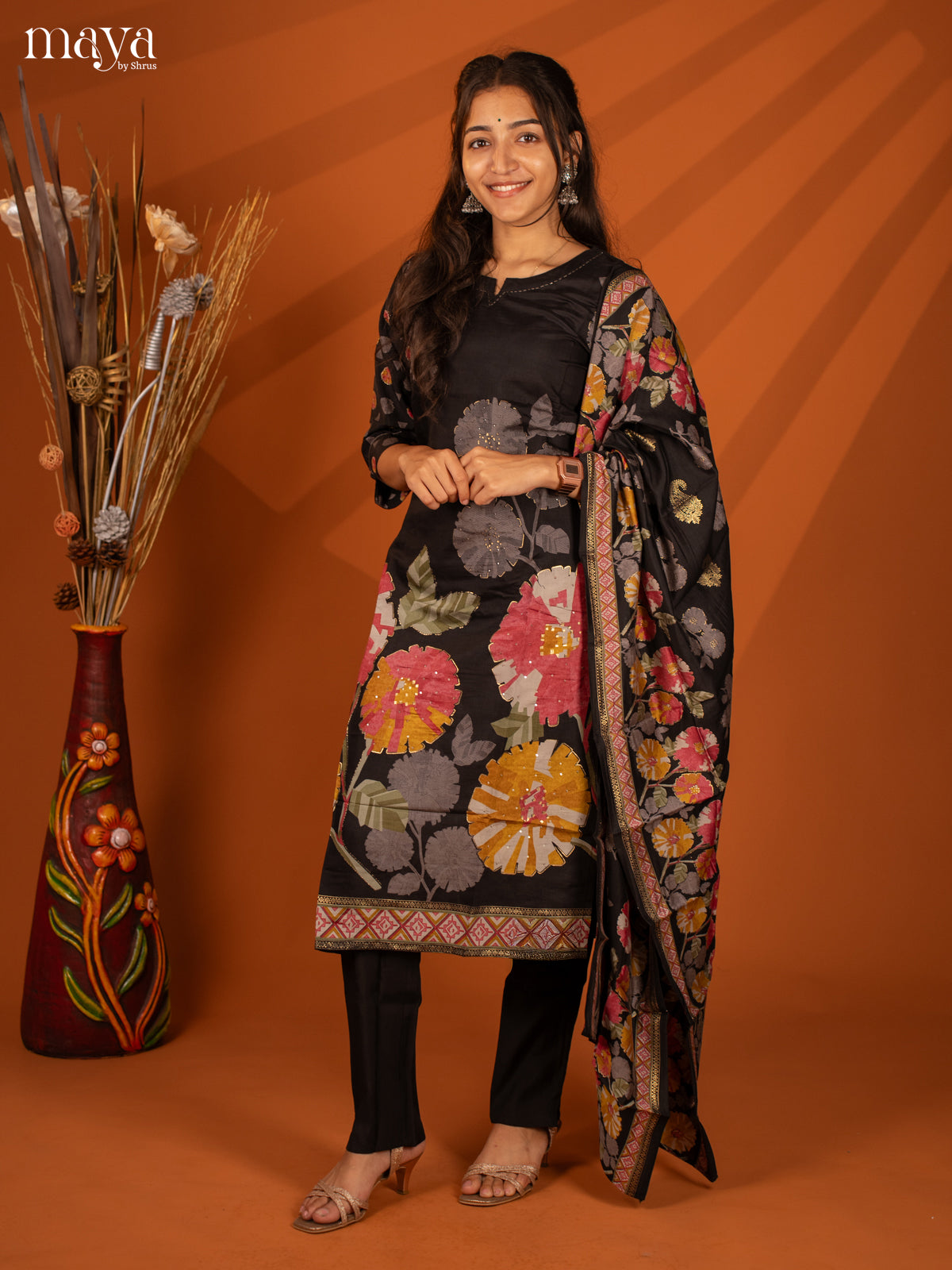Black Rayon 3Pc Printed Salwar Suit- Top, Bottom & Dupatta - Shop on Shrus.com