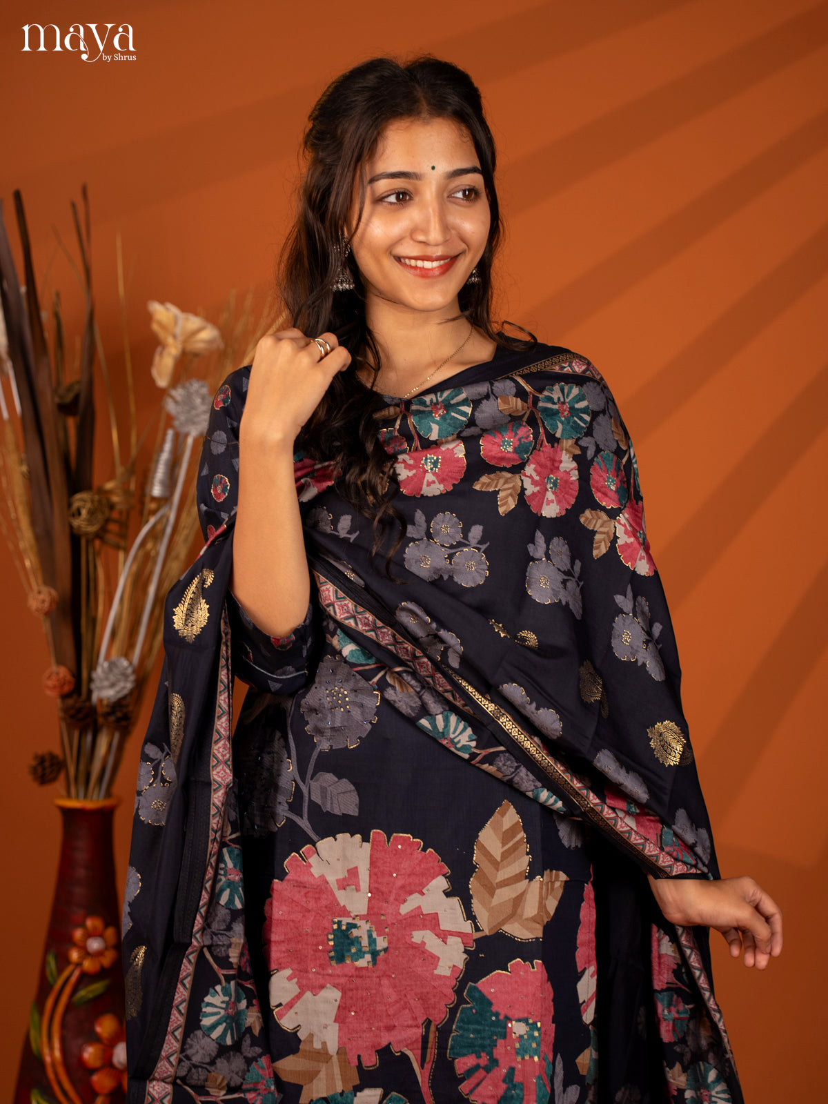 Blue Rayon 3 Pc Salwar With Floral Print - Top, Bottom & Dupatta - Shop on Shrus.com