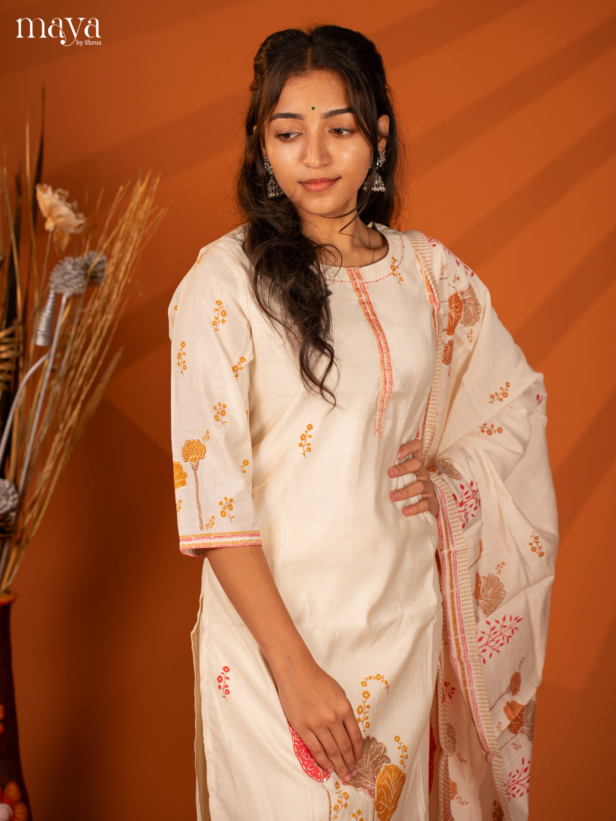 Cream Cotton 3 Pc Salwar With Embroidery - Top, Bottom & Dupatta - Shop on Shrus.com