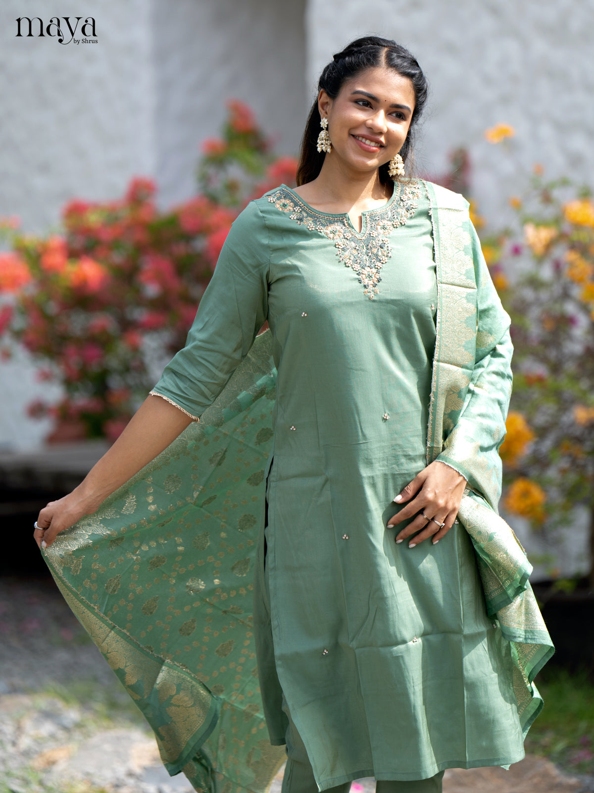 Embroidered Rayon Green 3Pc Salwar Suit- Top, Bottom & Dupatta - Shop on Shrus.com