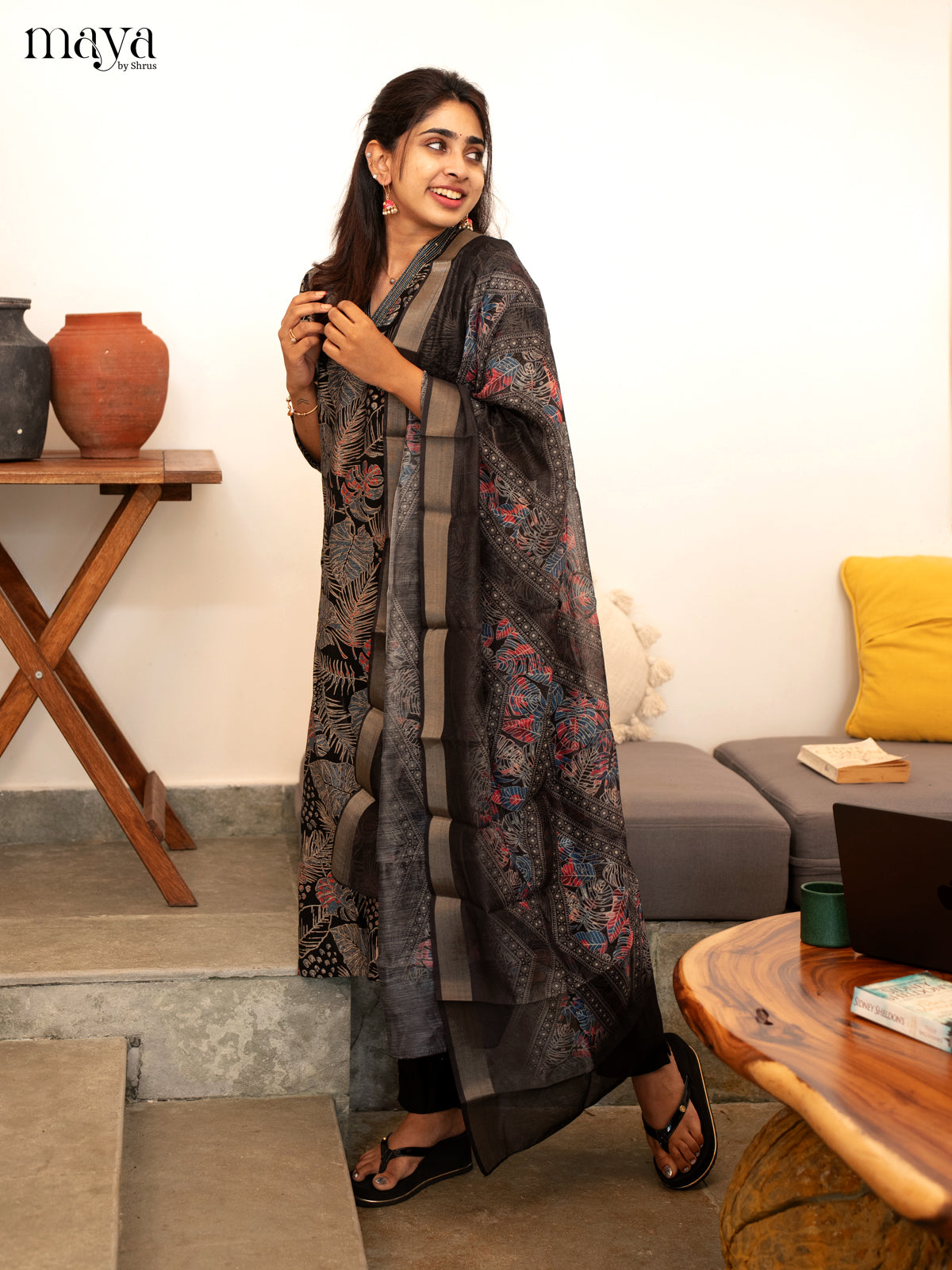 Black Cotton 3 Pc Salwar With Floral Print - Top, Bottom & Dupatta - Shop on Shrus.com