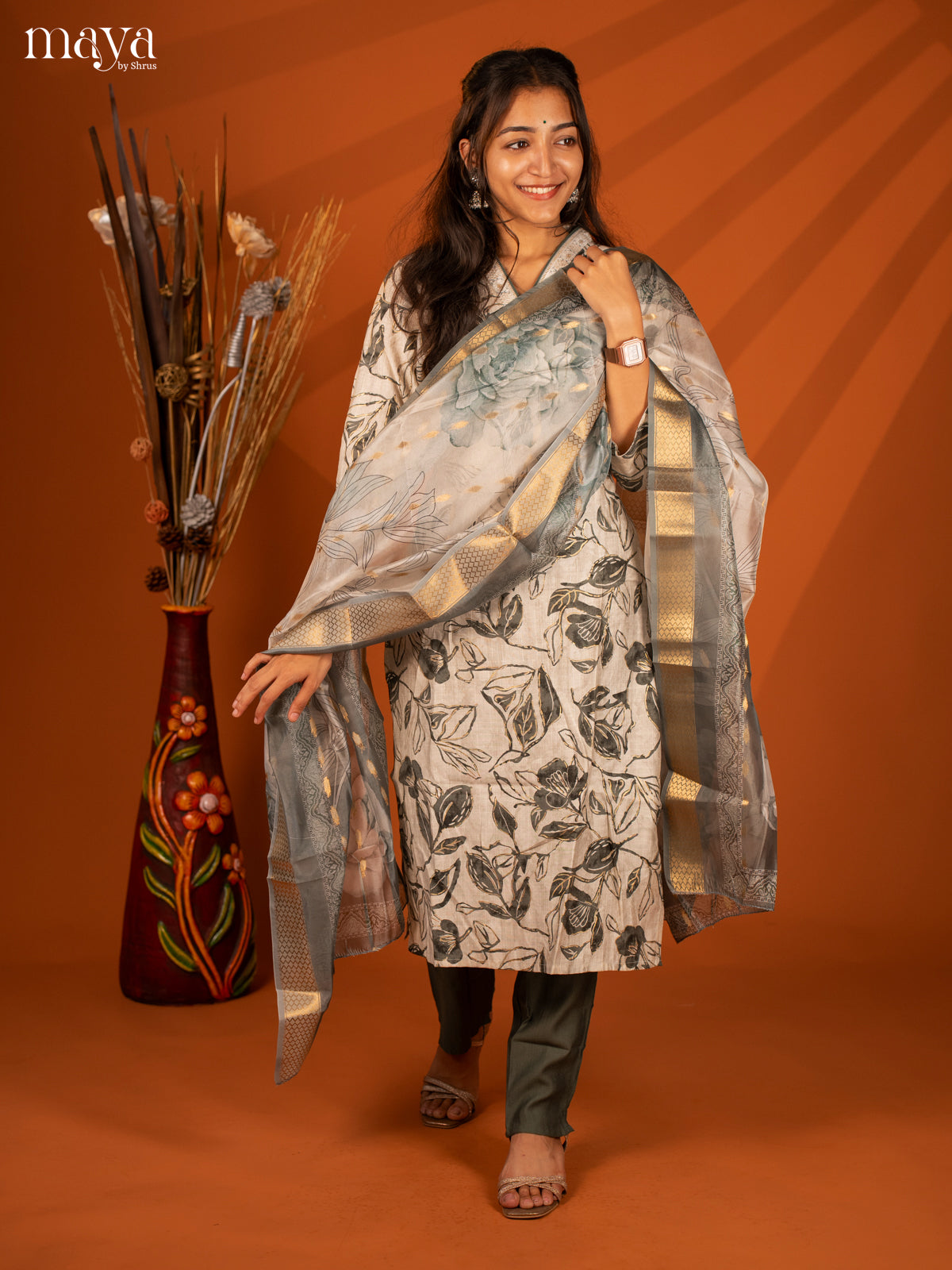 White Cotton 3 Pc Salwar With Floral Print - Top, Bottom & Dupatta - Shop on Shrus.com