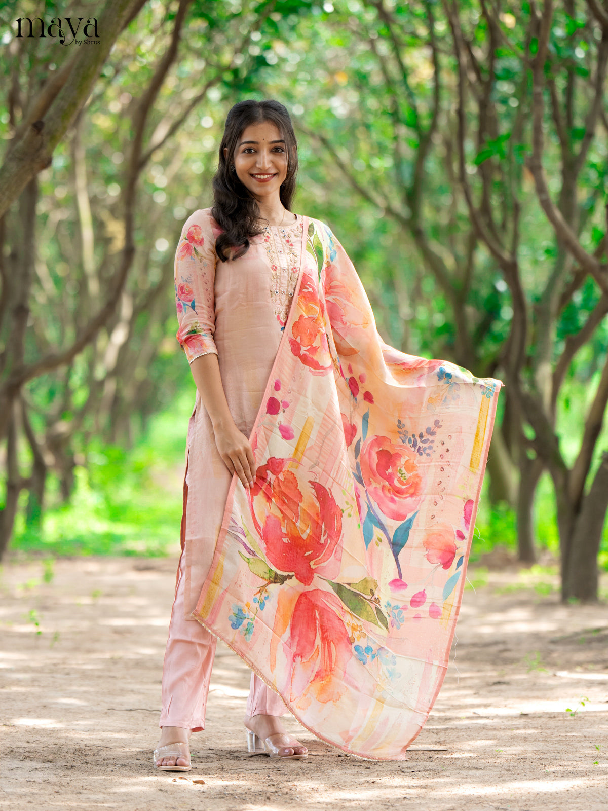 Embroidered Rayon Peach 3Pc Salwar Suit - Top, Bottom & Dupatta - Shop on Shrus.com
