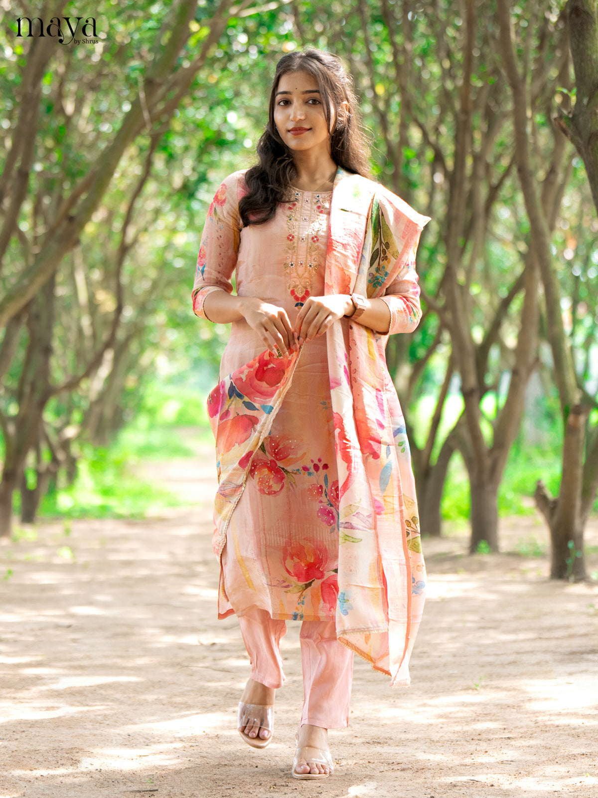 Embroidered Rayon Peach 3Pc Salwar Suit - Top, Bottom & Dupatta - Shop on Shrus.com
