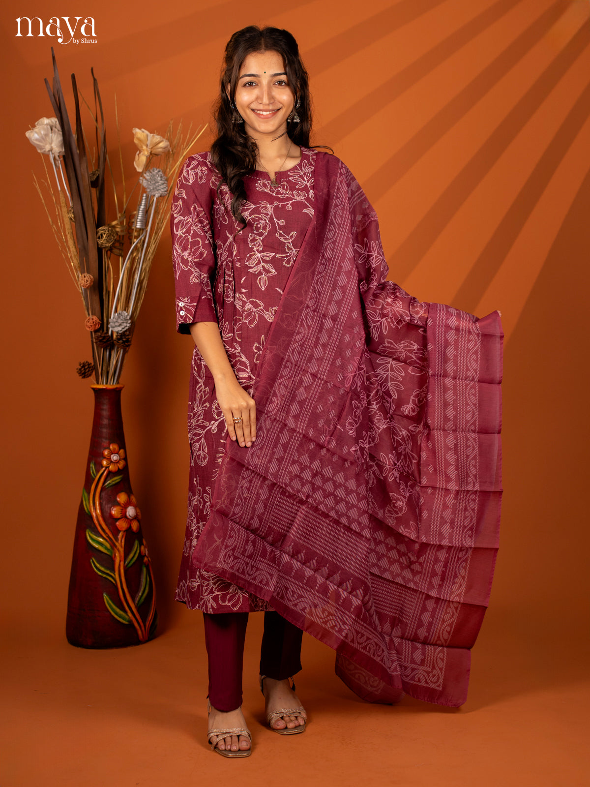 Magenta Cotton 3 Pc Printed Salwar Suit - Top, Bottom & Dupatta - Shop on Shrus.com