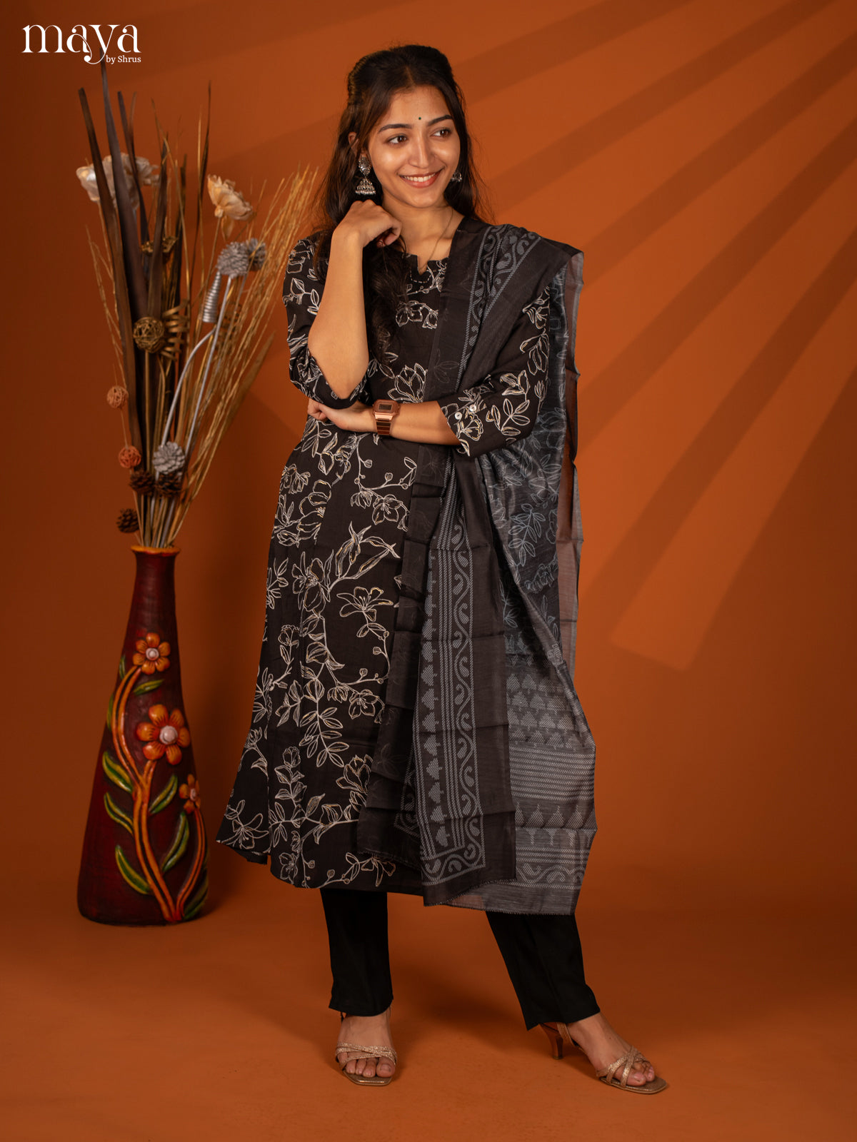 Black Cotton 3 Pc Salwar With Floral Print - Top, Bottom & Dupatta - Shop on Shrus.com
