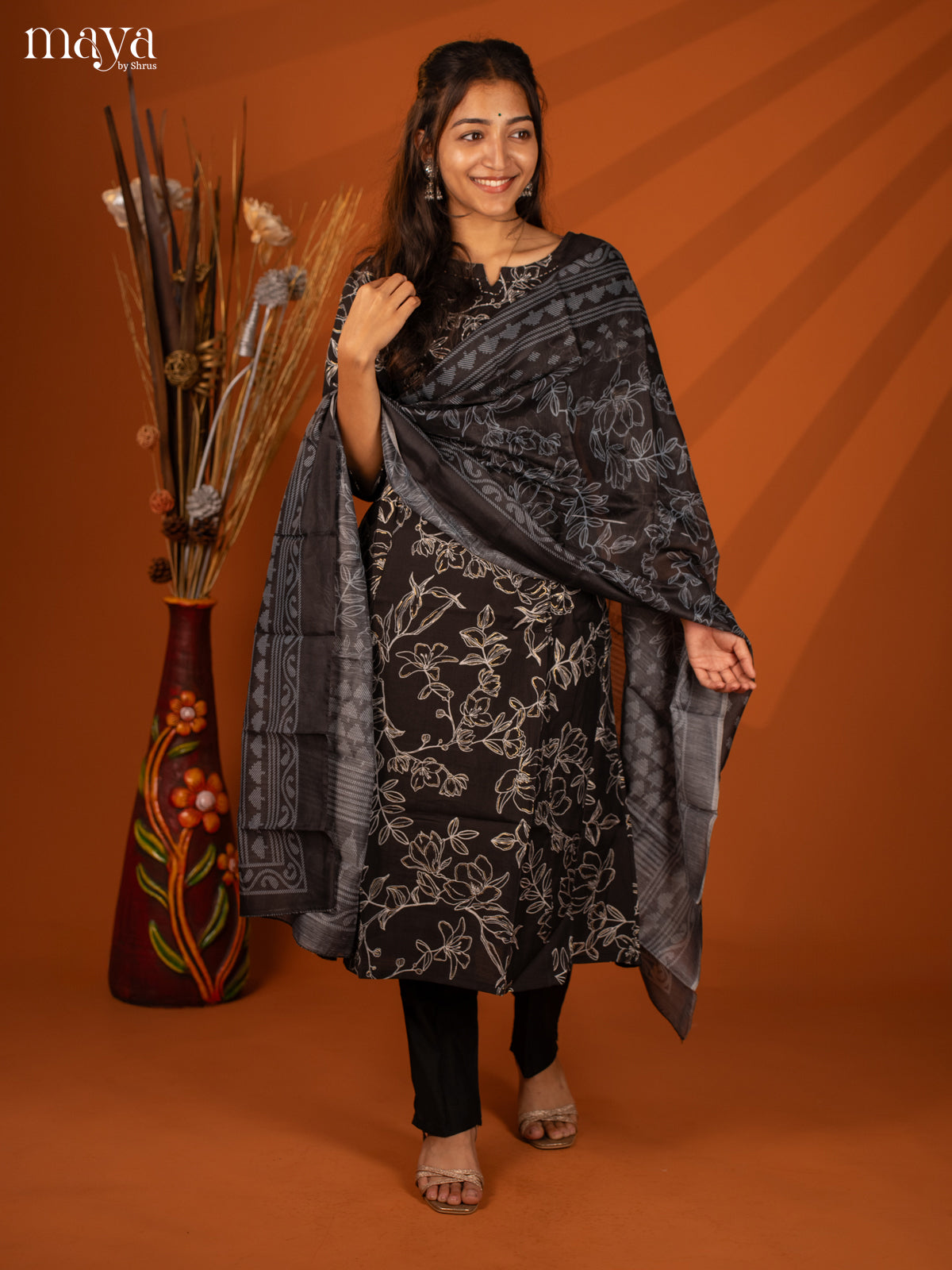 Black Cotton 3 Pc Salwar With Floral Print - Top, Bottom & Dupatta - Shop on Shrus.com