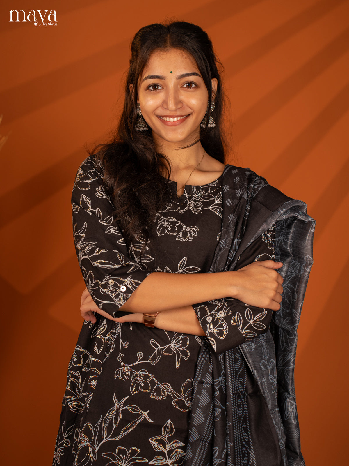 Black Cotton 3 Pc Salwar With Floral Print - Top, Bottom & Dupatta - Shop on Shrus.com
