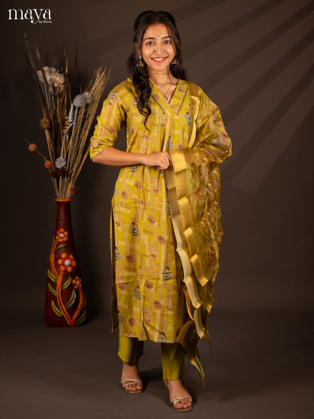 Green Rayon 3 Pc Salwar With Floral Print - Top, Bottom & Dupatta - Shop on Shrus.com