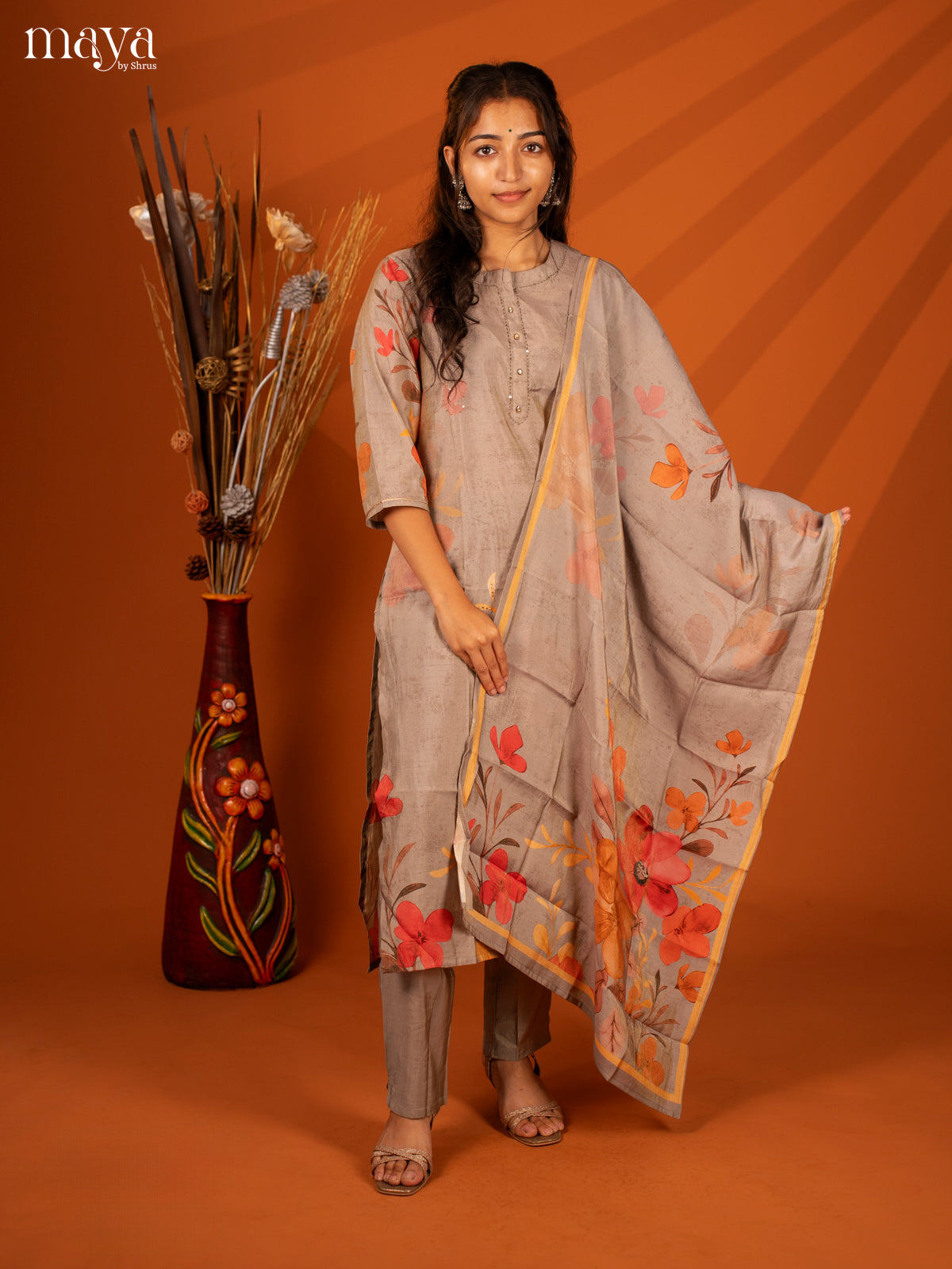 Embroidered Rayon Grey 3Pc Salwar Suit- Top, Bottom & Duptta - Shop on Shrus.com