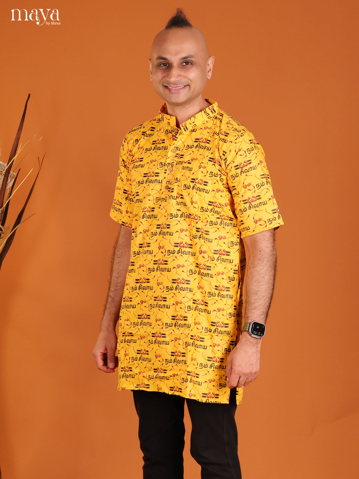 Yellow Cotton Divine Printed Short Men Kurta - Shop on Shrus.com