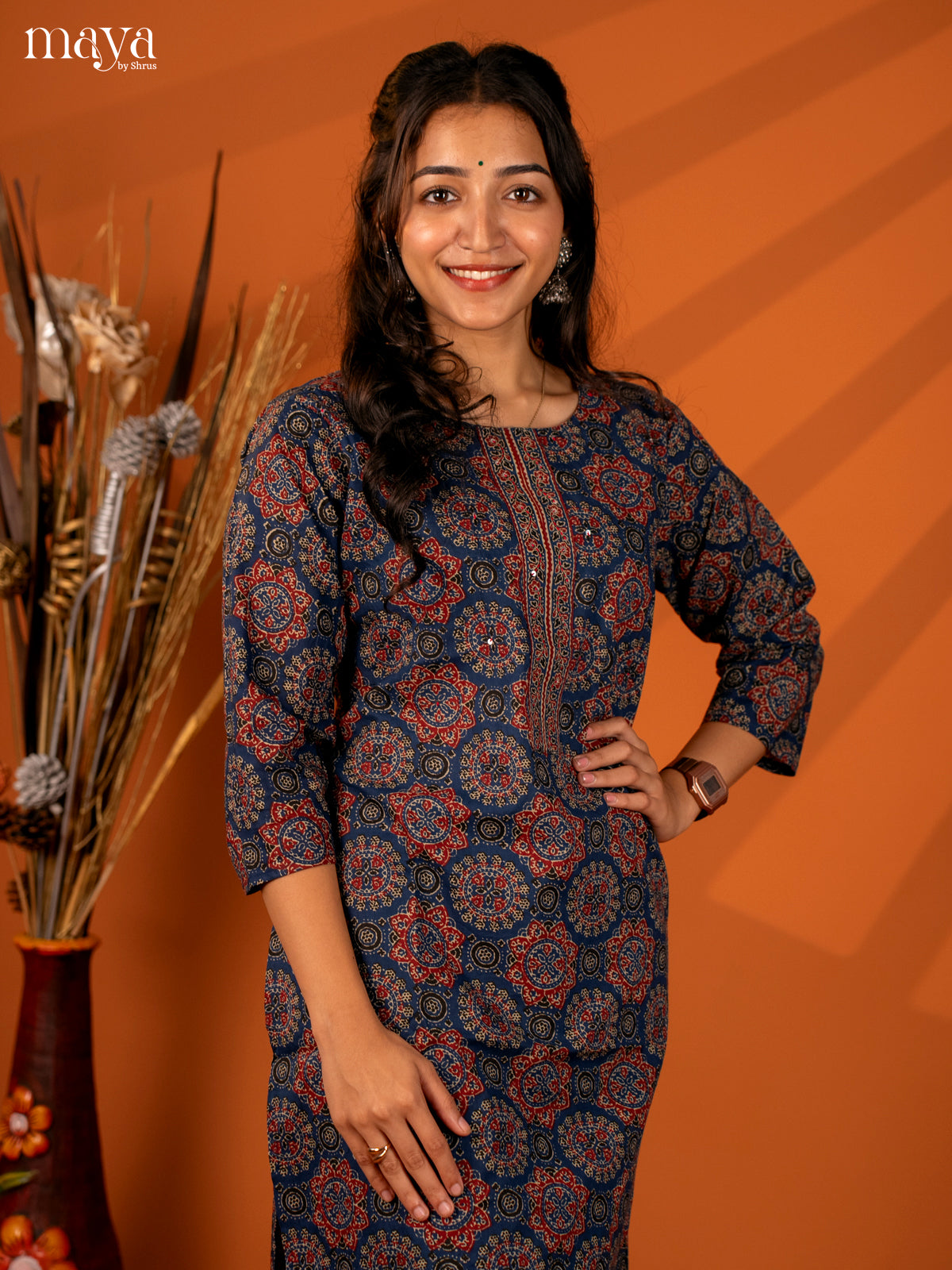 Blue Ajrakh Printed Cotton Kurti - Shop on Shrus.com