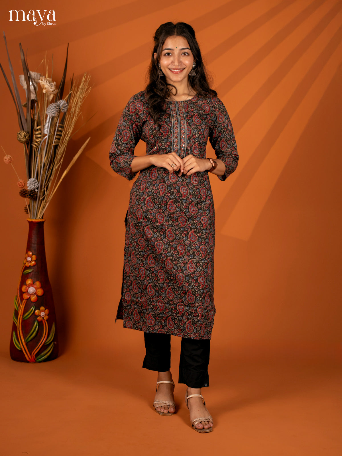 Black Ajrakh Printed Cotton Kurti - Shop on Shrus.com