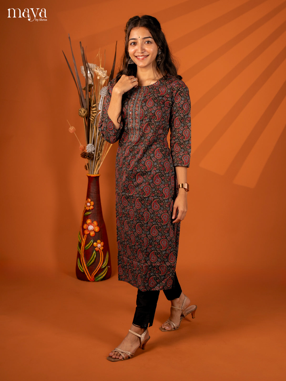 Black Ajrakh Printed Cotton Kurti - Shop on Shrus.com