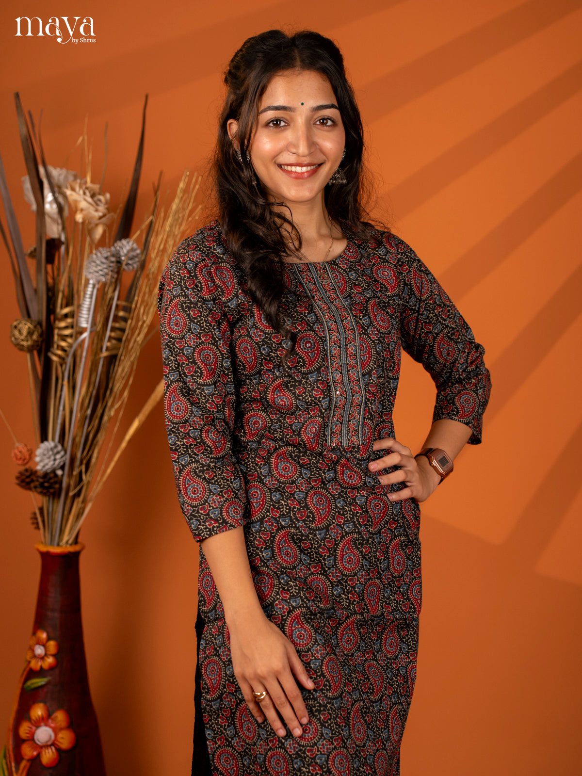 Black Ajrakh Printed Cotton Kurti - Shop on Shrus.com