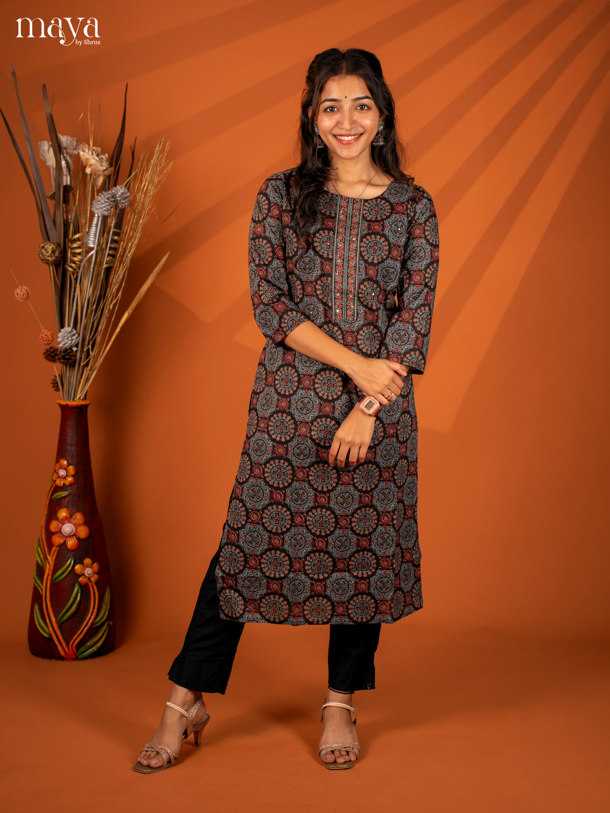 Black Ajrakh Printed Cotton Kurti - Shop on Shrus.com