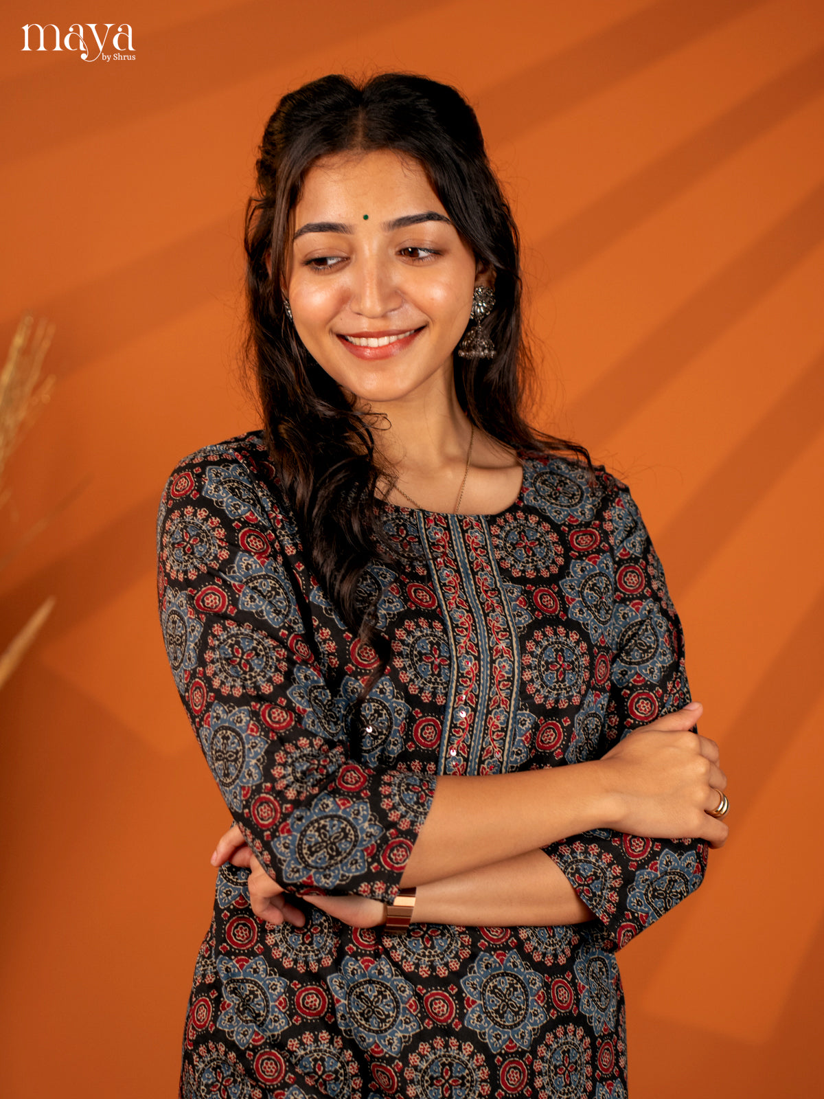 Black Ajrakh Printed Cotton Kurti - Shop on Shrus.com
