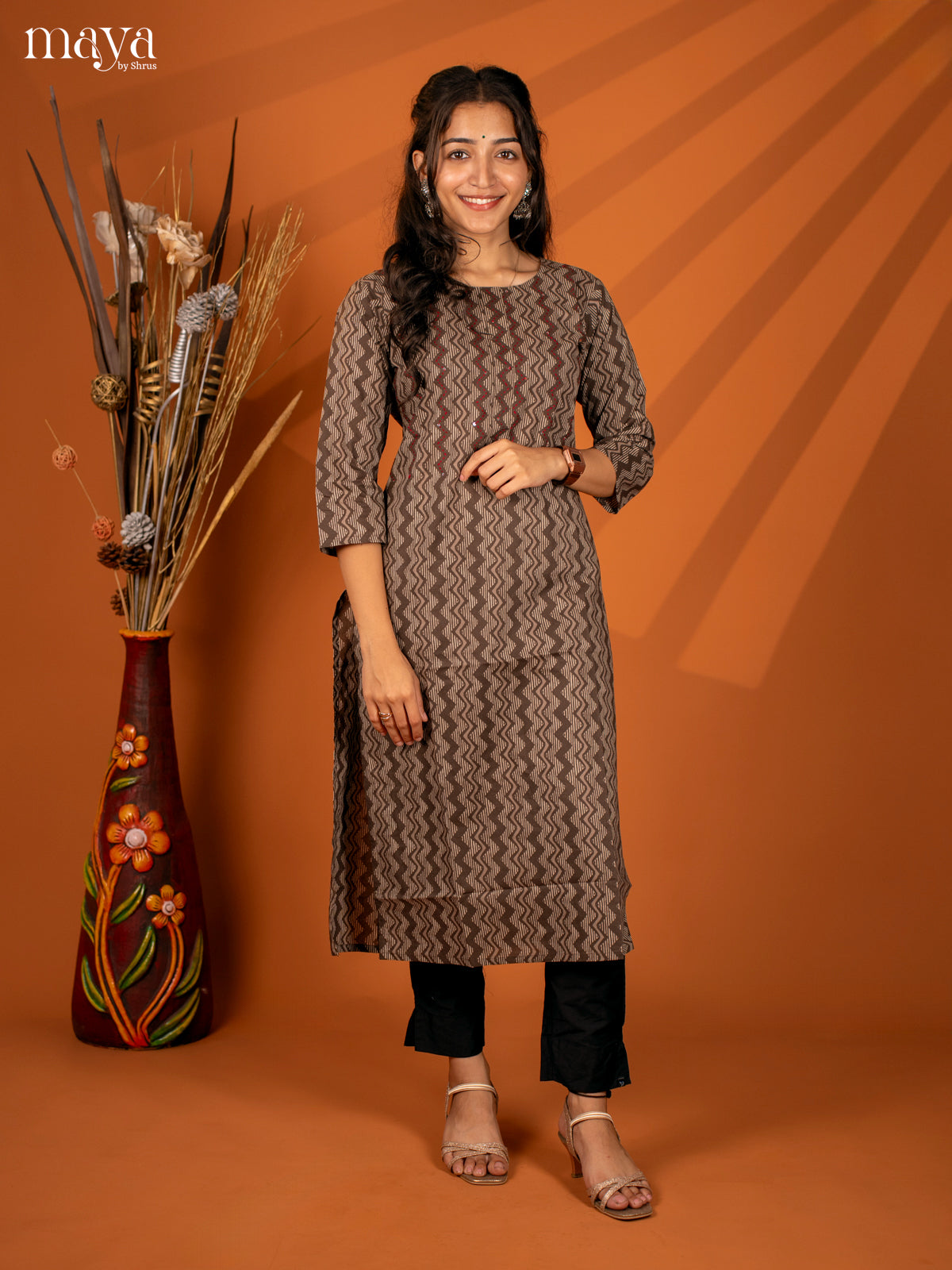 Brown Ajrakh Printed Cotton Kurti - Shop on Shrus.com