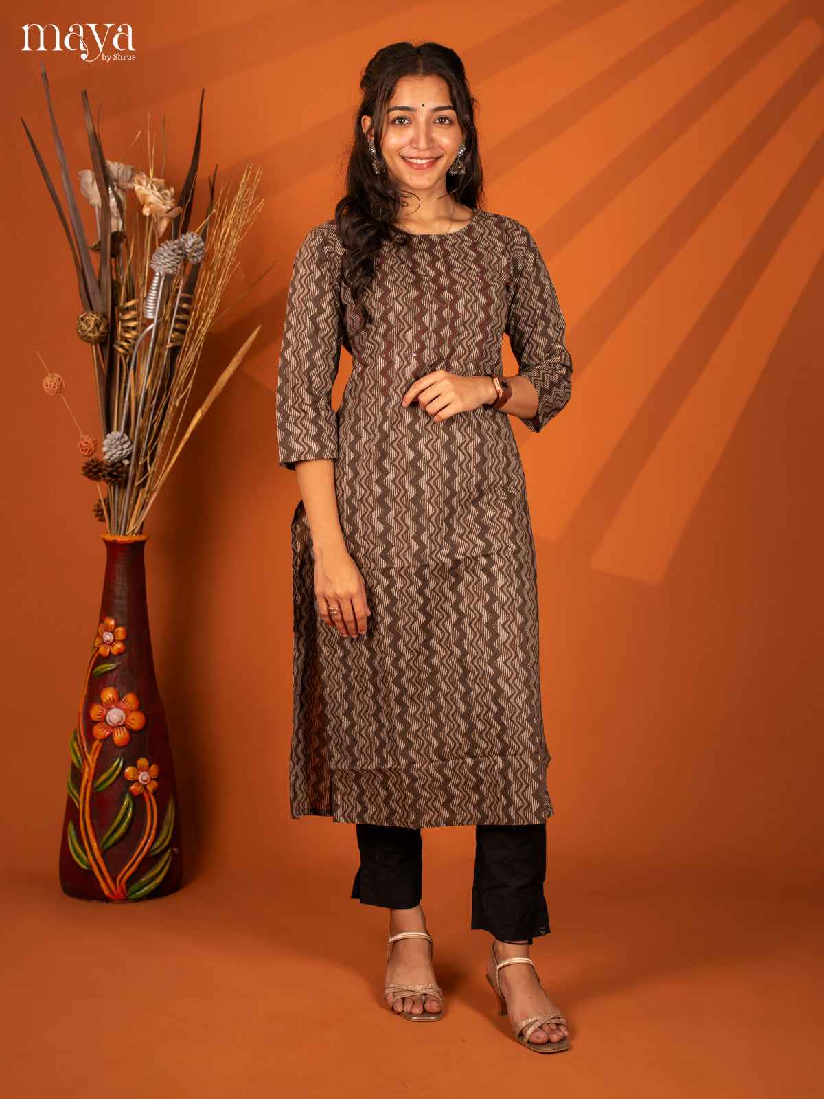 Brown Ajrakh Printed Cotton Kurti - Shop on Shrus.com