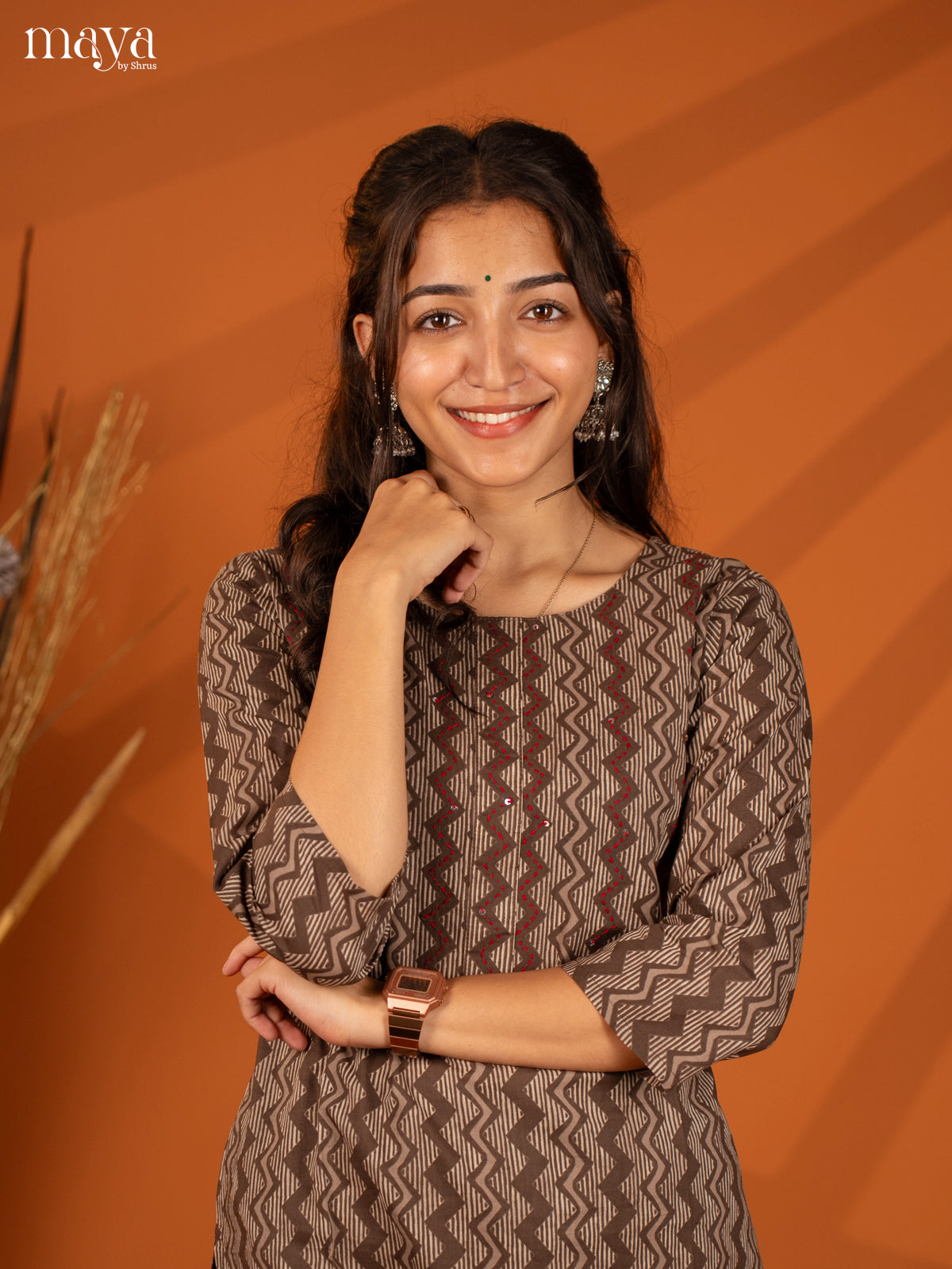 Brown Ajrakh Printed Cotton Kurti - Shop on Shrus.com