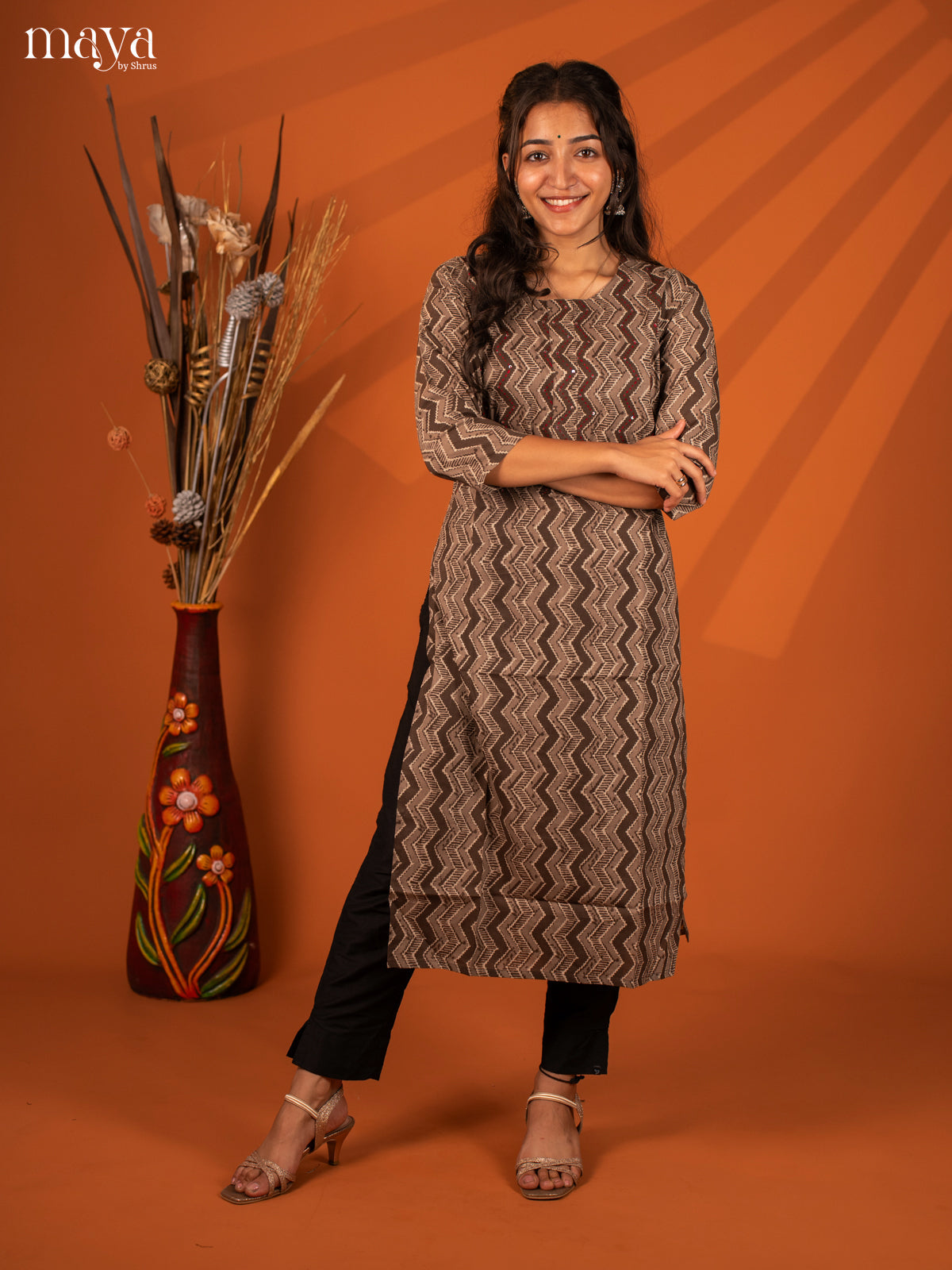 Brown Ajrakh Printed Cotton Kurti - Shop on Shrus.com