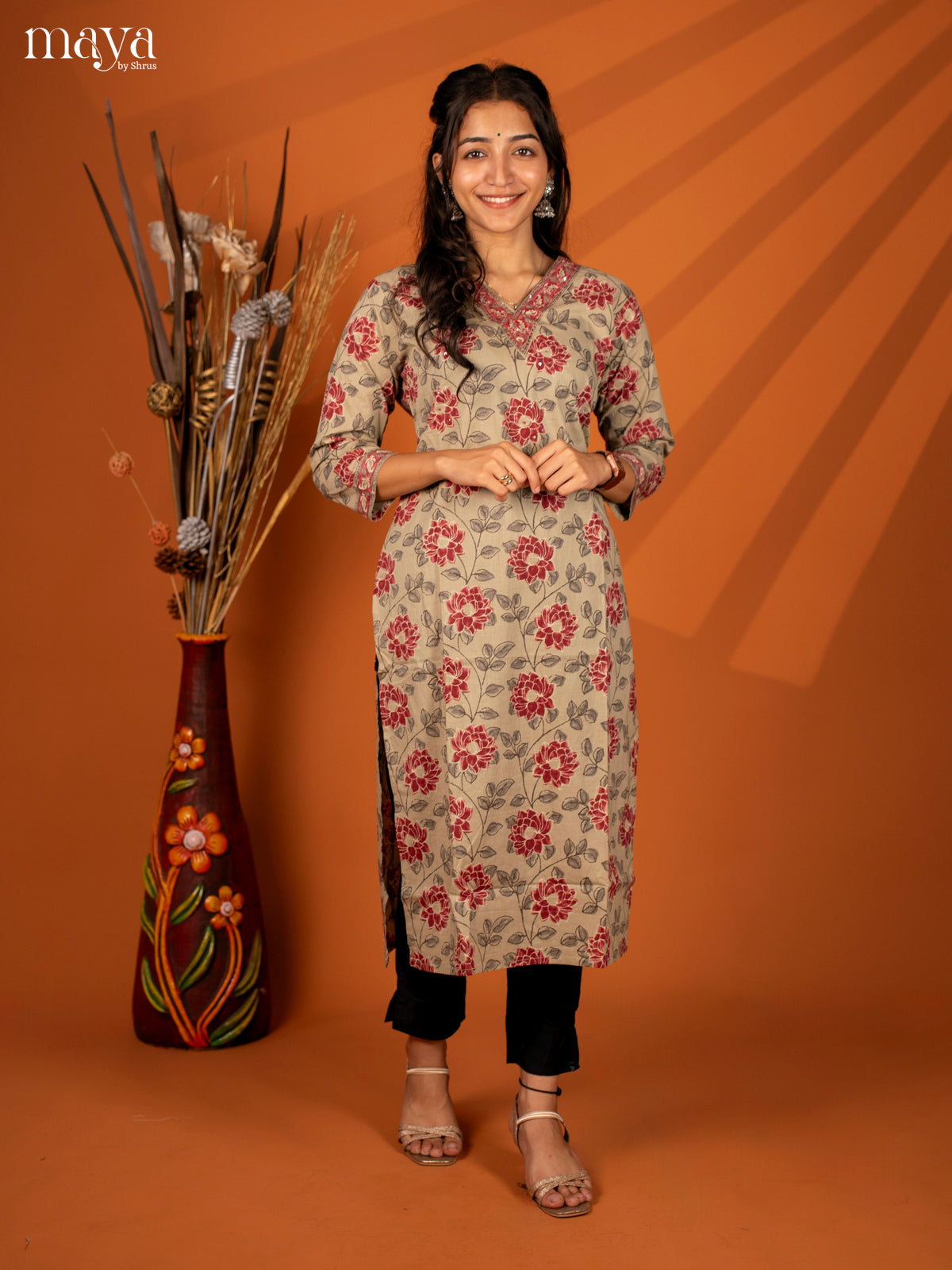 Brown Floral Printed Cotton Kurti - Shop on Shrus.com