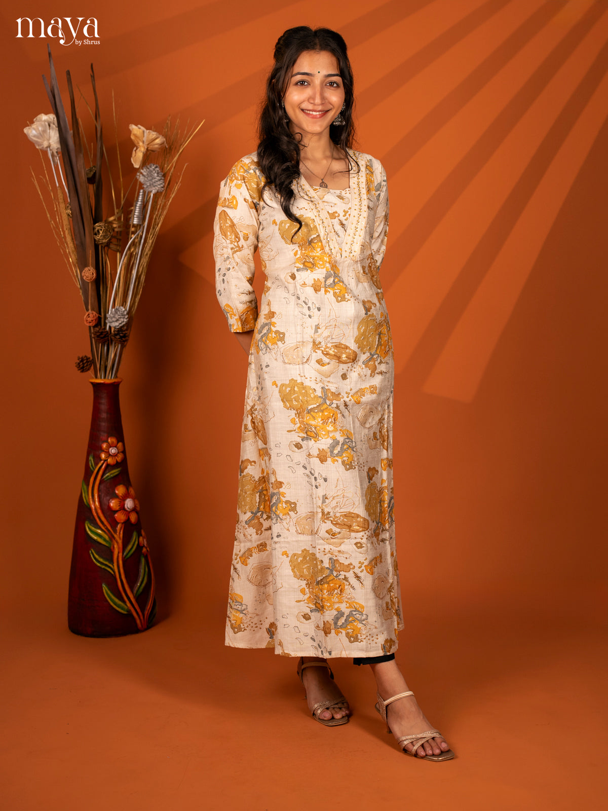 Cream with Yellow Printed Rayon Kurti - Shop on Shrus.com