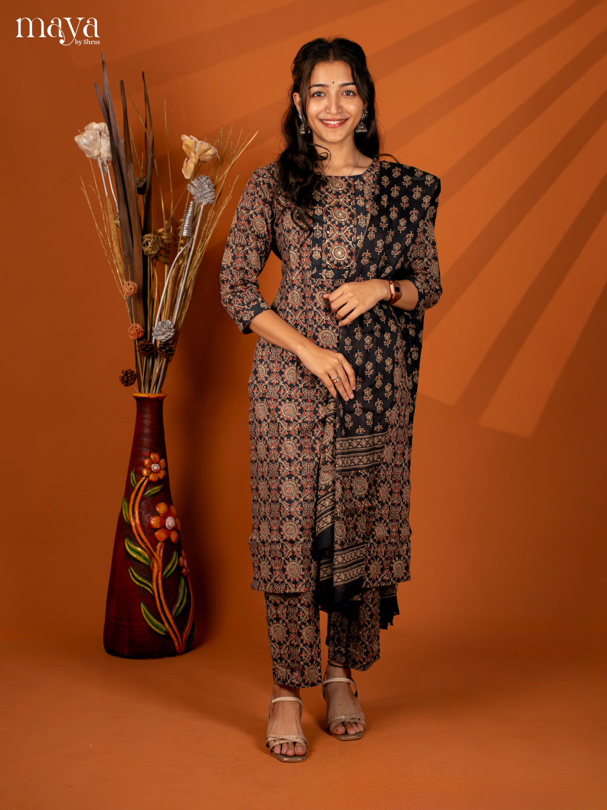Black Cotton 3Pc Salwar with Ajrakh Print - Top, Bottom & Dupatta - Shop on Shrus.com