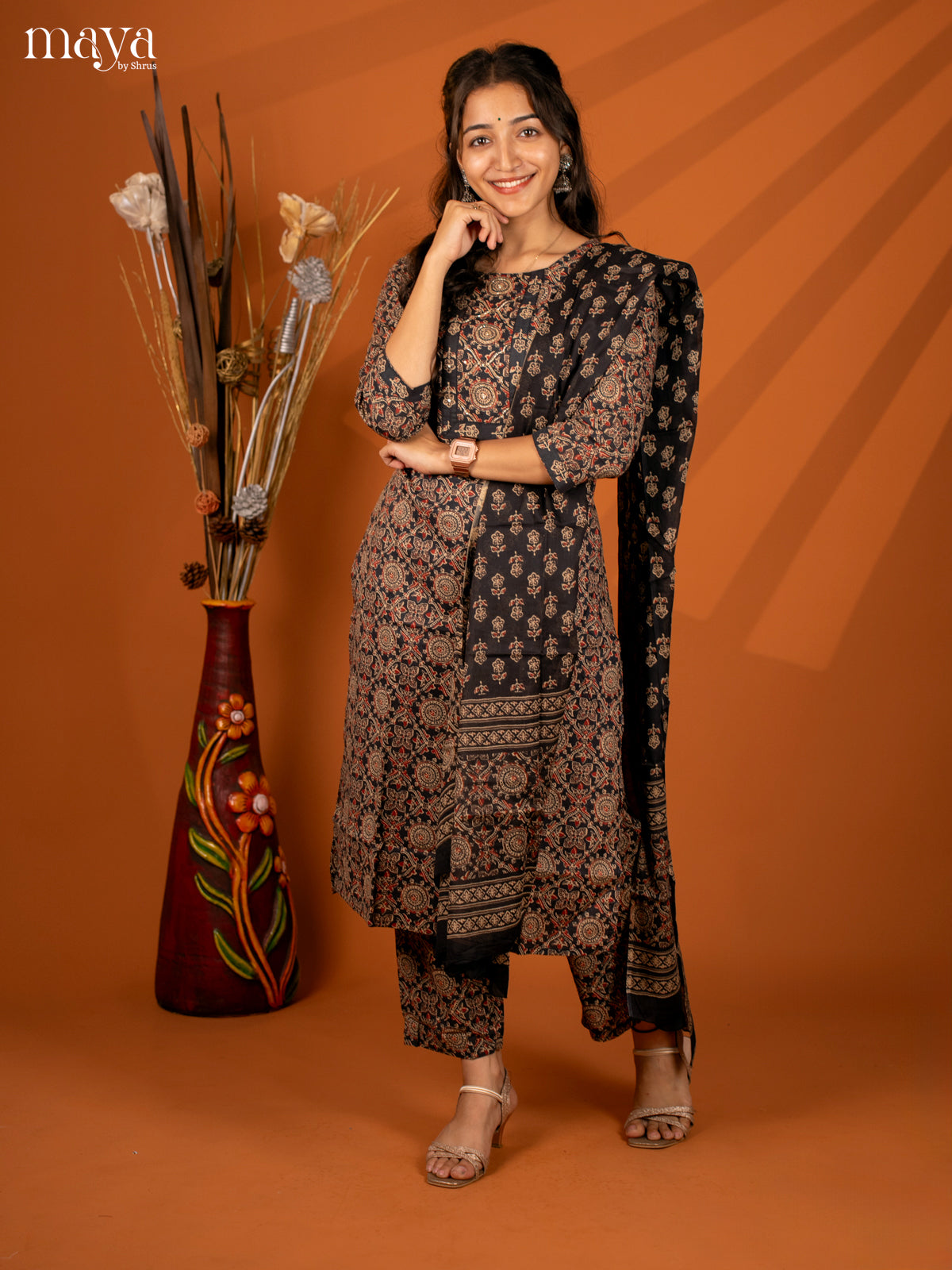 Black Cotton 3Pc Salwar with Ajrakh Print - Top, Bottom & Dupatta - Shop on Shrus.com
