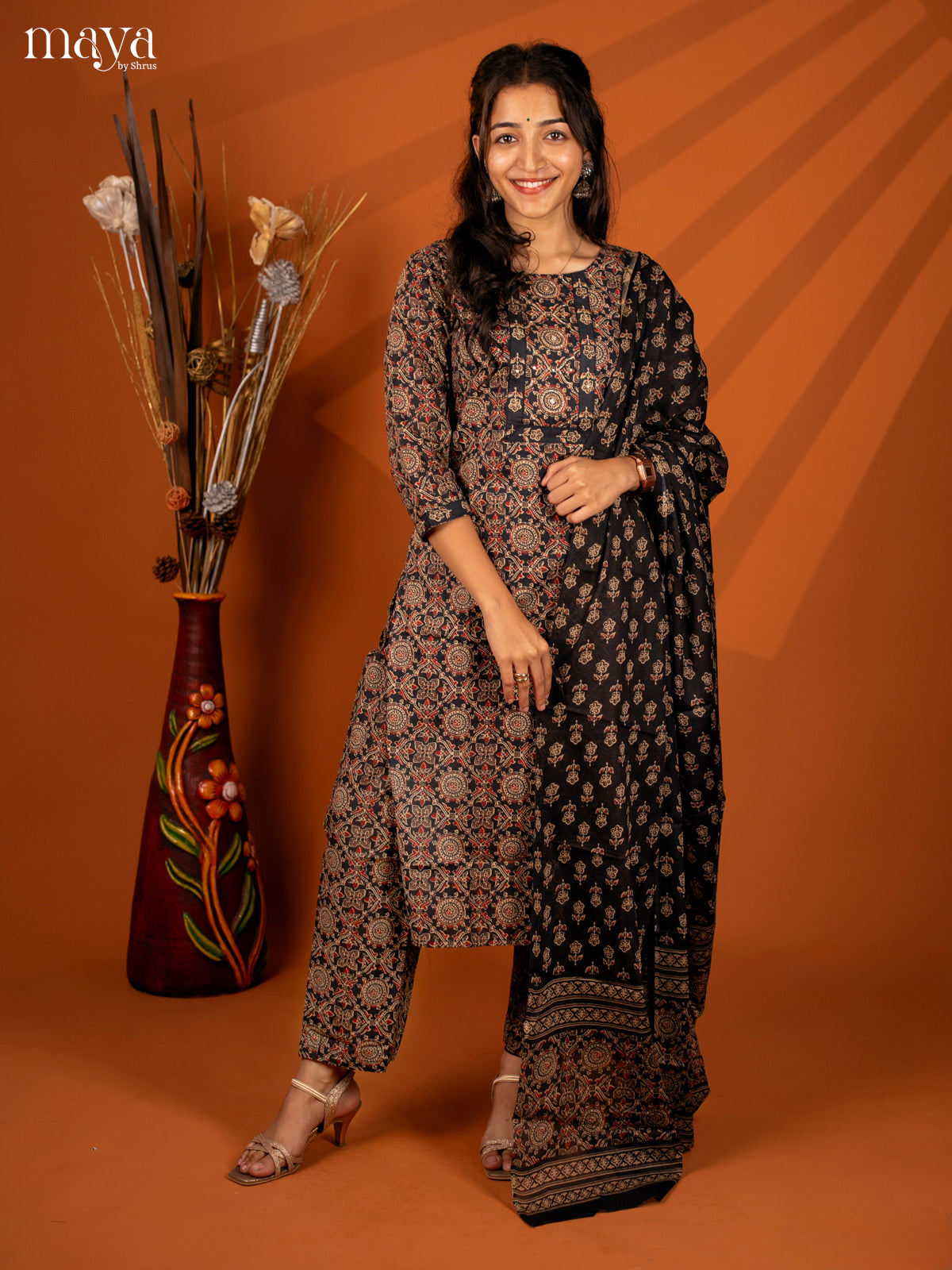 Black Cotton 3Pc Salwar with Ajrakh Print - Top, Bottom & Dupatta - Shop on Shrus.com