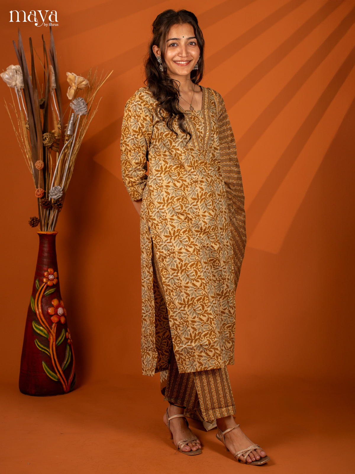 Brown Cotton 3PC Salwar with Block Print - Top, Bottom & Dupatta - Shop on Shrus.com