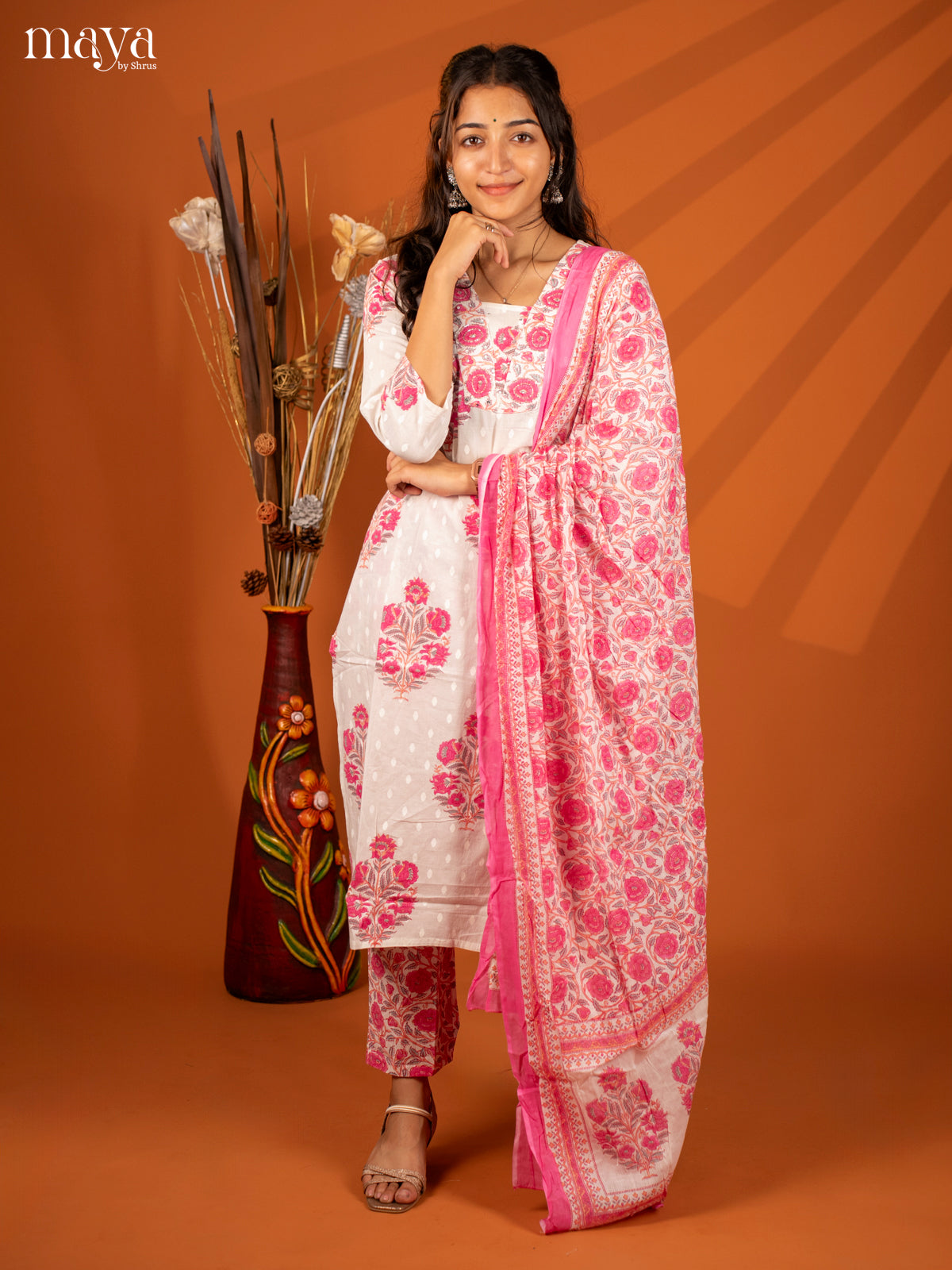 White Cotton 3Pc Salwar with Floral Print - Top, Bottom & Dupatta - Shop on Shrus.com