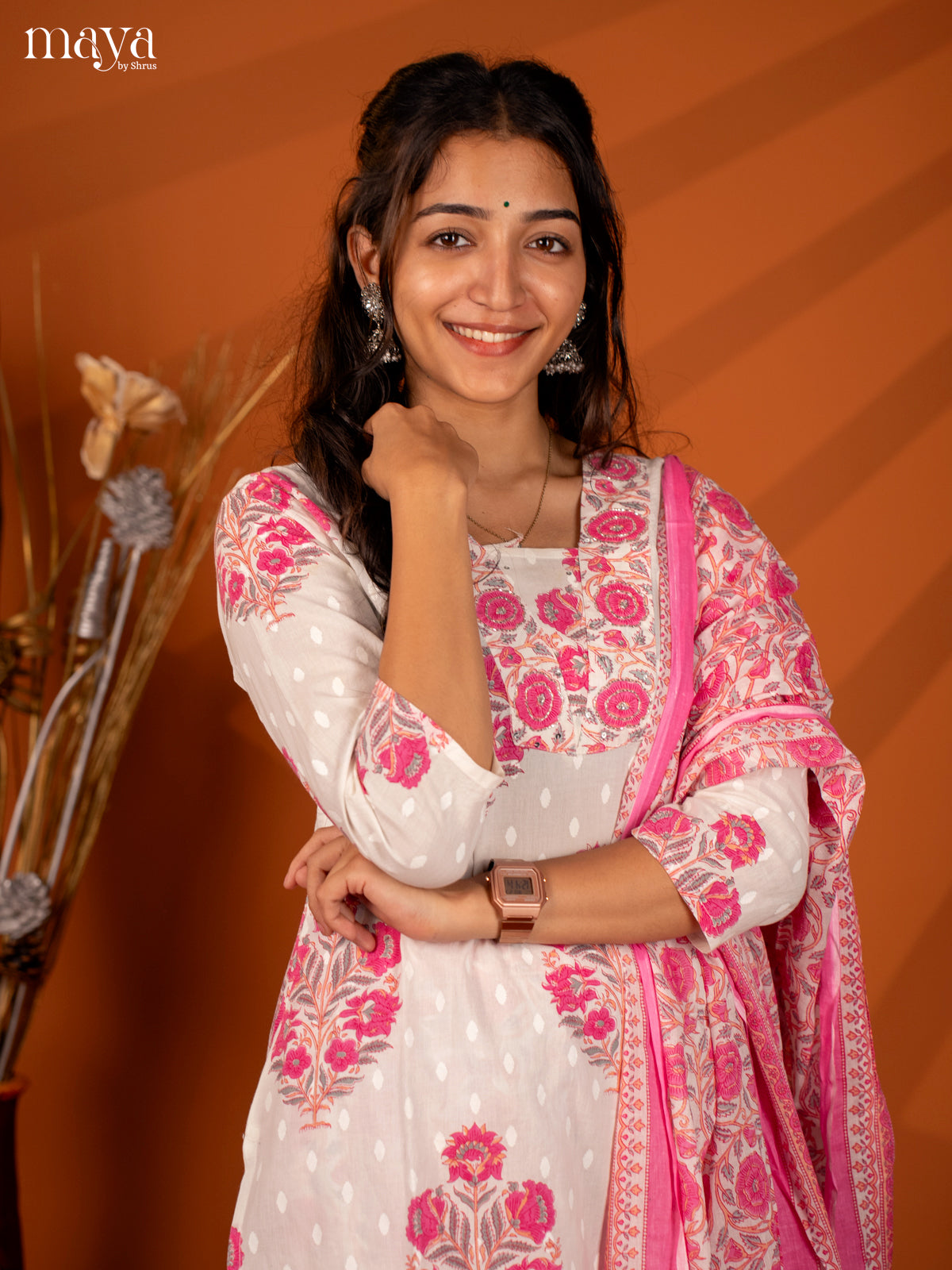 White Cotton 3Pc Salwar with Floral Print - Top, Bottom & Dupatta - Shop on Shrus.com