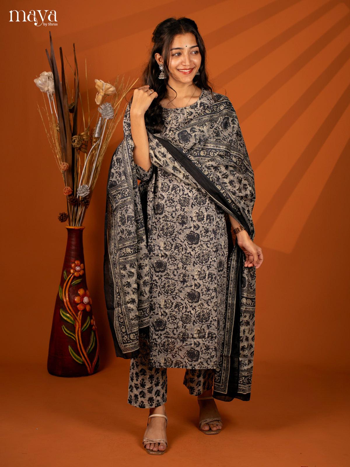 Grey Cotton 3Pc Salwar with Floral Print - Top, Bottom & Dupatta - Shop on Shrus.com