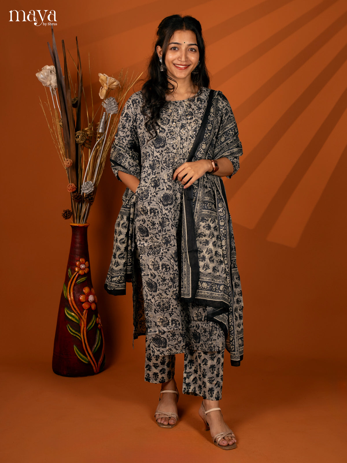 Grey Cotton 3Pc Salwar with Floral Print - Top, Bottom & Dupatta - Shop on Shrus.com
